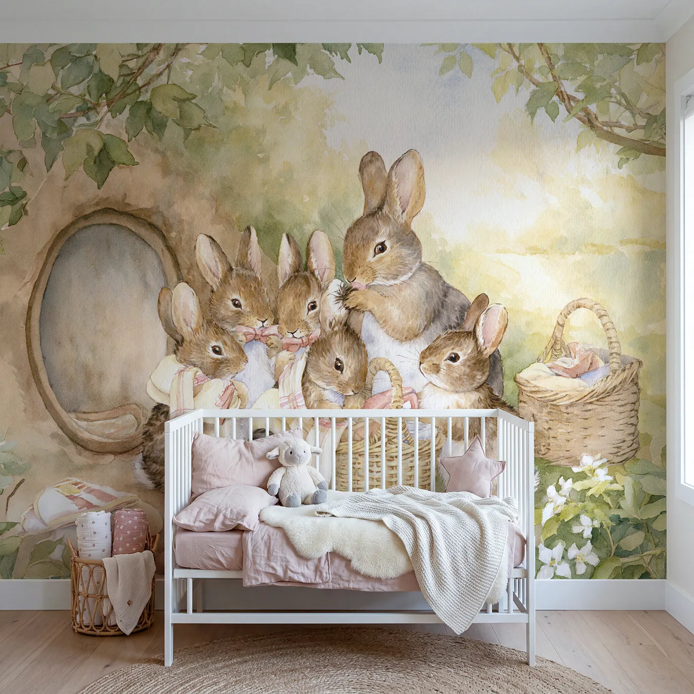 Watercolor rabbit family ready for the outing at the burrow door, mural for a nursery by Whimsy Tots
