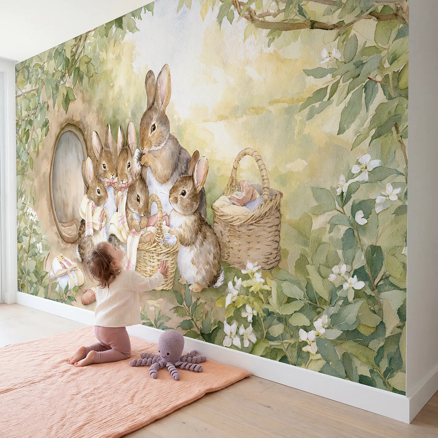 Child in nursery with Ready for the Outing Wallpaper Mural by Whimsy Tots