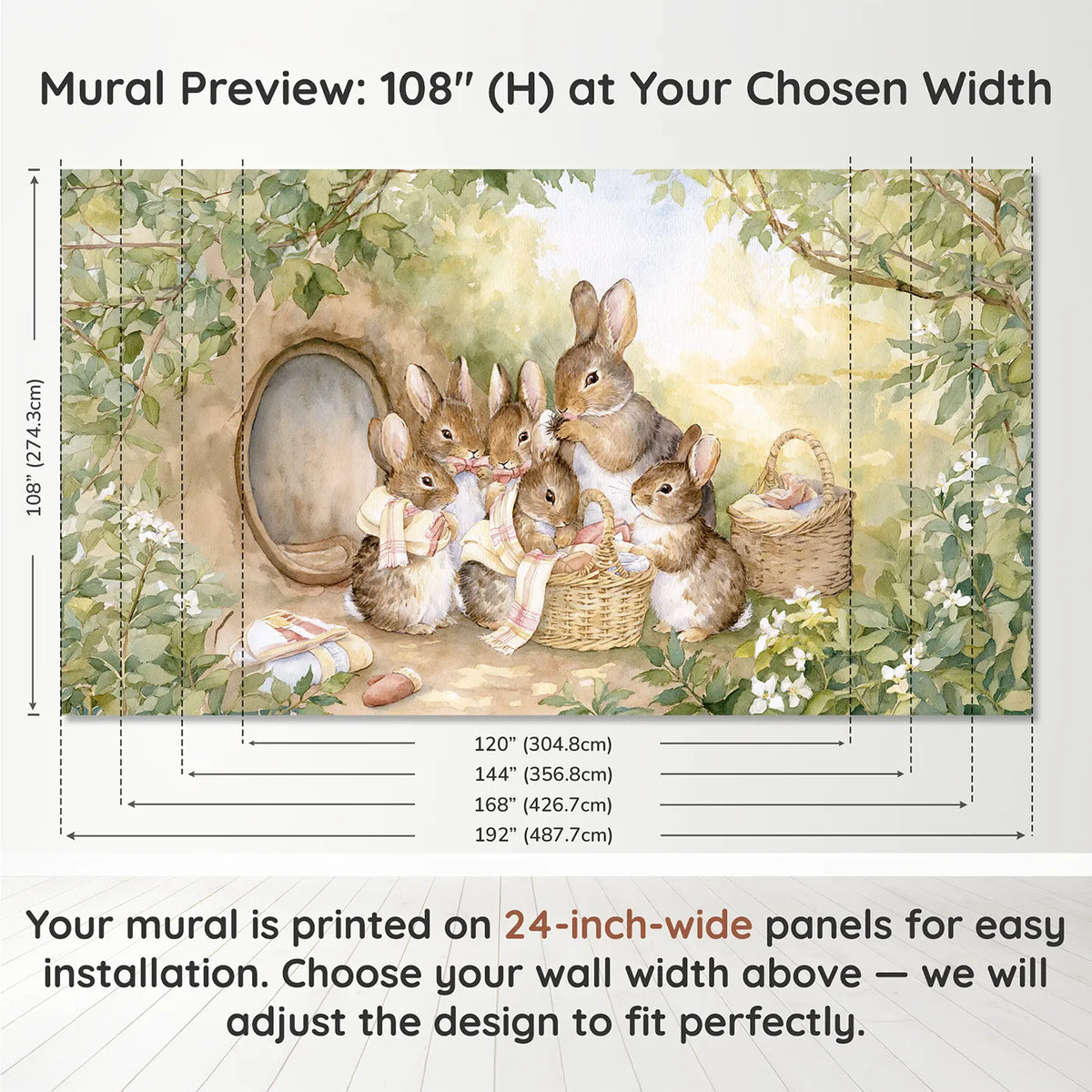 Panel layout and dimensions for Ready for the Outing Wallpaper Mural by Whimsy Tots