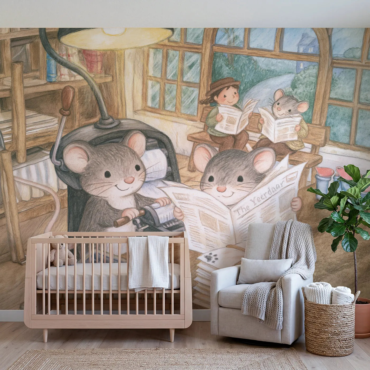 Colored Pencil mice printing the village newspaper, mural for a big-kid bedroom by Whimsy Tots