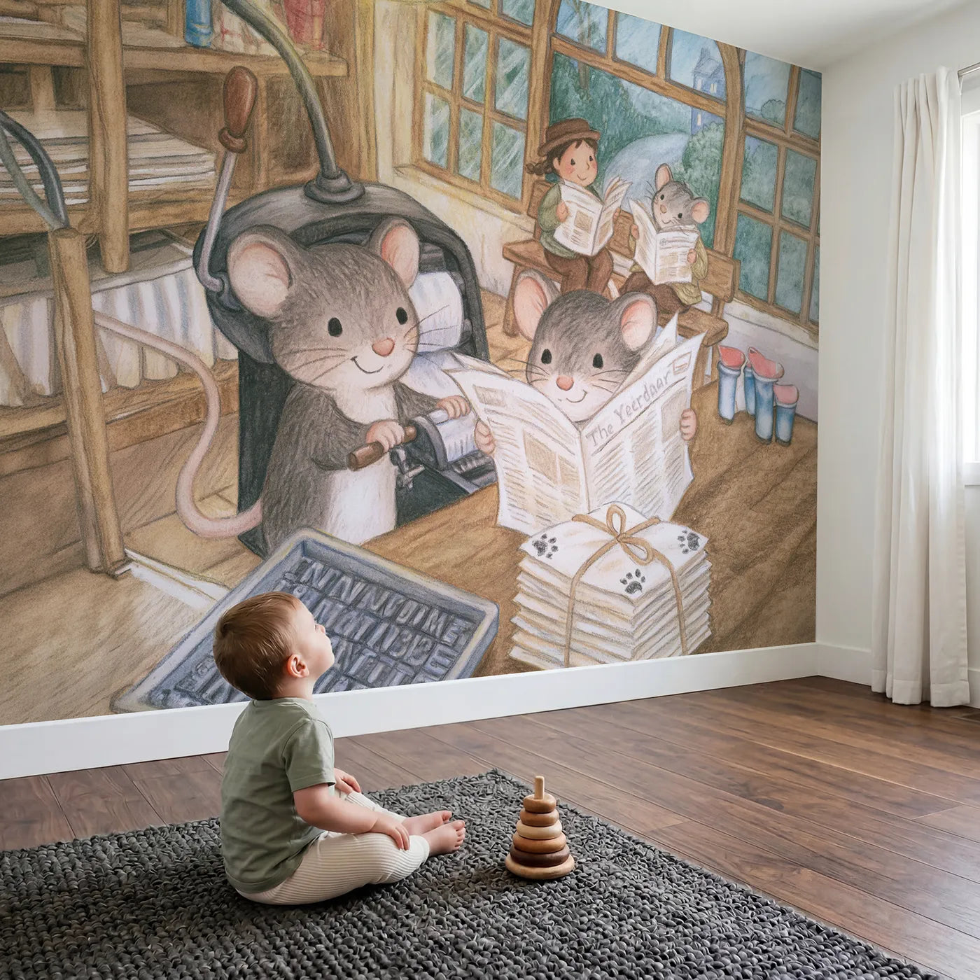 Child in nursery with The Village Newspaper Wallpaper Mural by Whimsy Tots