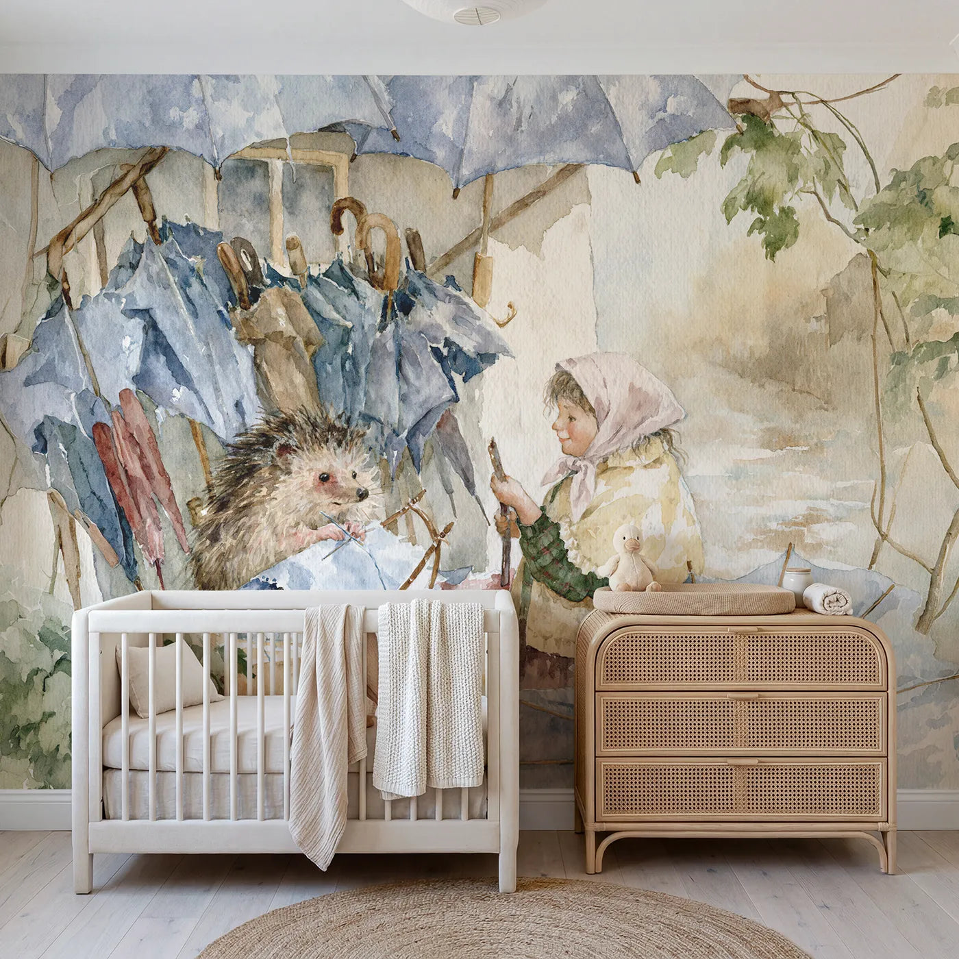 Watercolor hedgehog mending umbrellas after the storm, mural for a big-kid bedroom by Whimsy Tots