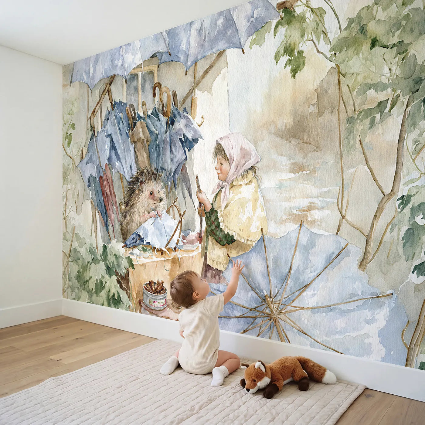 Child in nursery with The Umbrella Mender Wallpaper Mural by Whimsy Tots