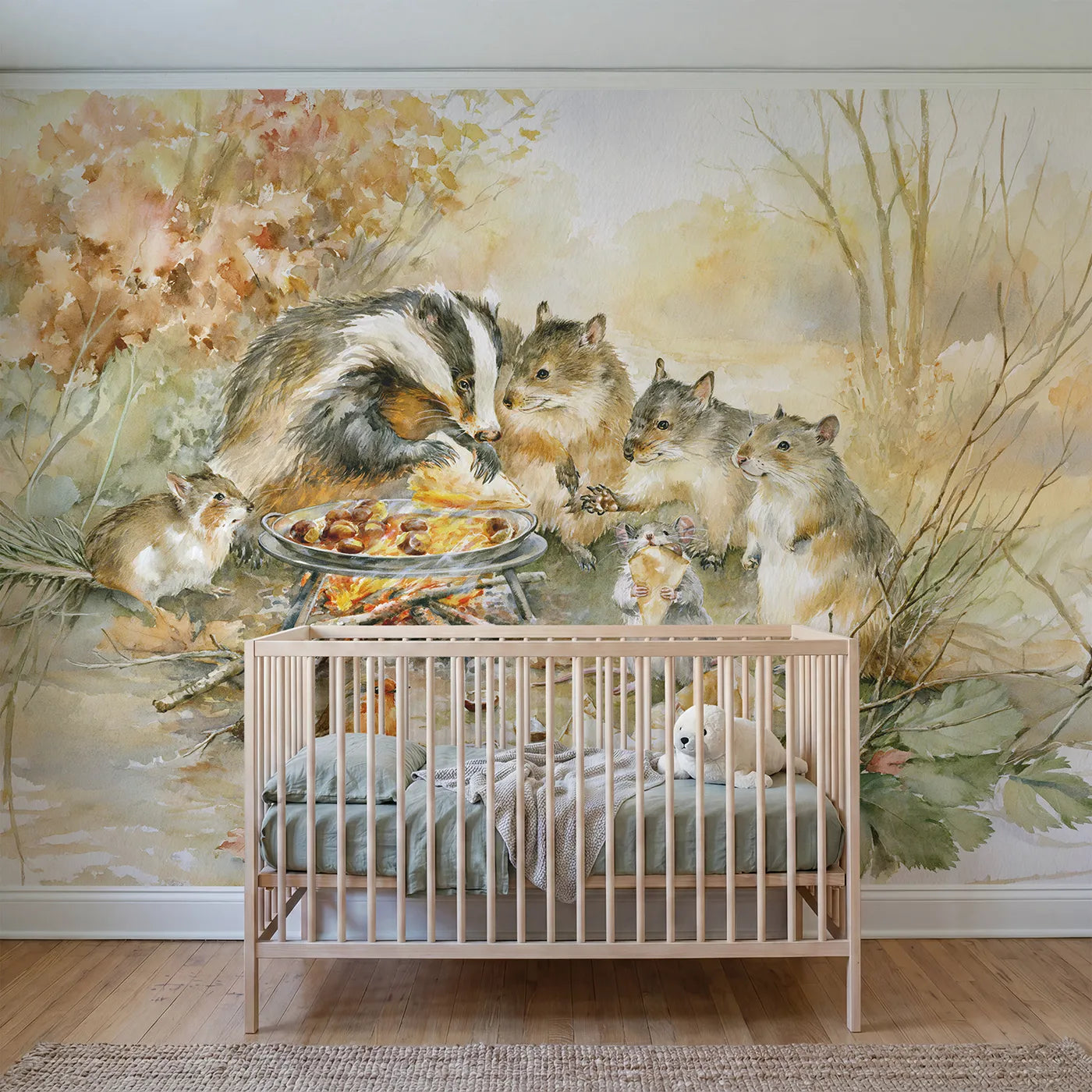 Watercolor badger roasting chestnuts at the lane corner, mural for a nursery by Whimsy Tots