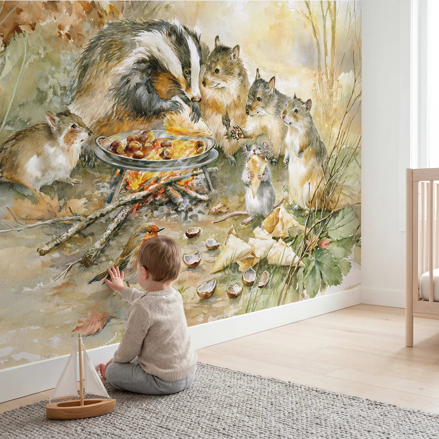Child in nursery with The Chestnut Roaster Wallpaper Mural by Whimsy Tots
