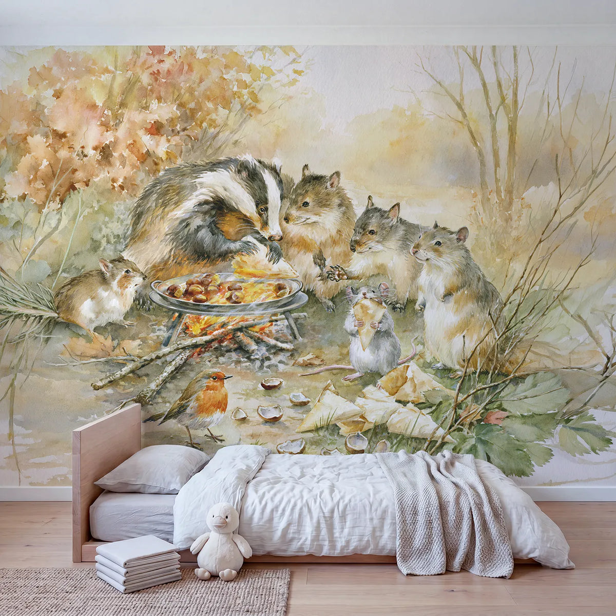 The Chestnut Roaster Wallpaper Mural in playroom setting by Whimsy Tots