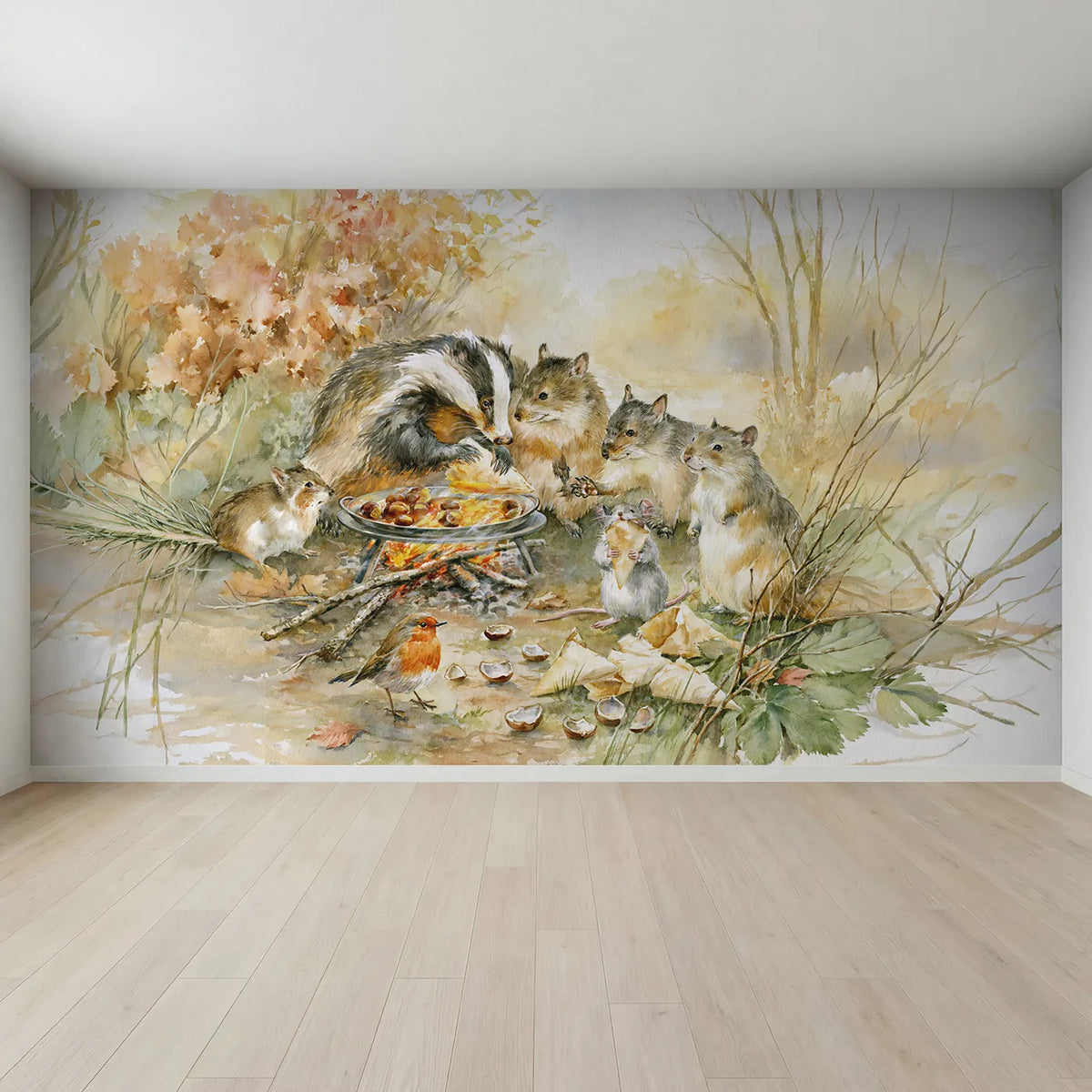 Full view of The Chestnut Roaster Wallpaper Mural by Whimsy Tots
