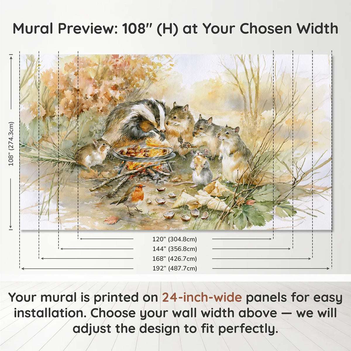 Panel layout and dimensions for The Chestnut Roaster Wallpaper Mural by Whimsy Tots