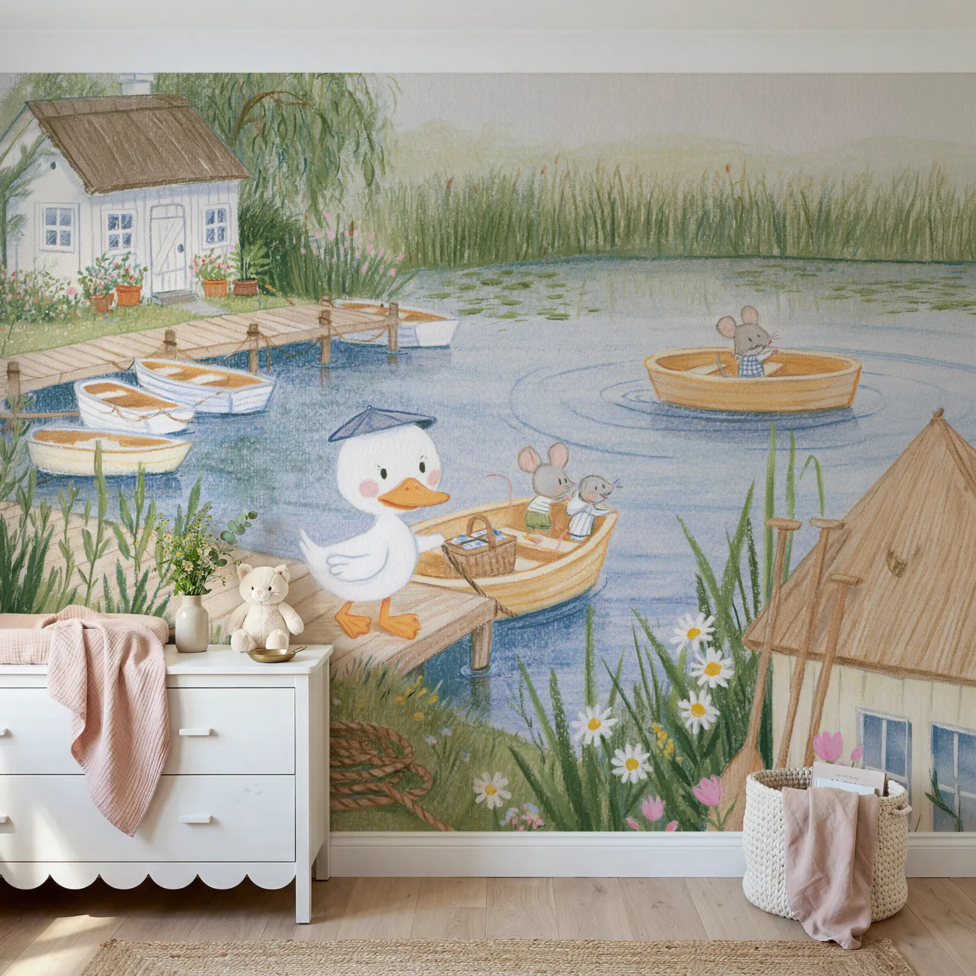 Colored Pencil duck holding the boat steady at the pond jetty, mural for a kids room by Whimsy Tots