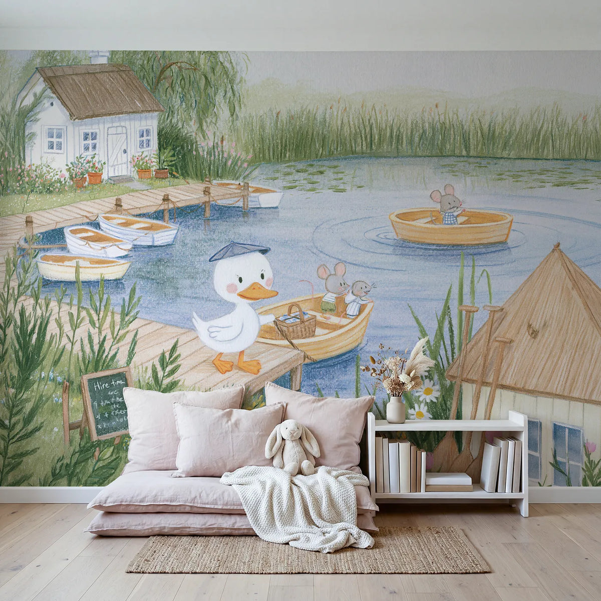 The Boat Hire Jetty Wallpaper Mural in playroom setting by Whimsy Tots