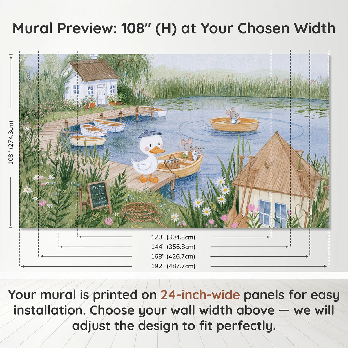 Panel layout and dimensions for The Boat Hire Jetty Wallpaper Mural by Whimsy Tots