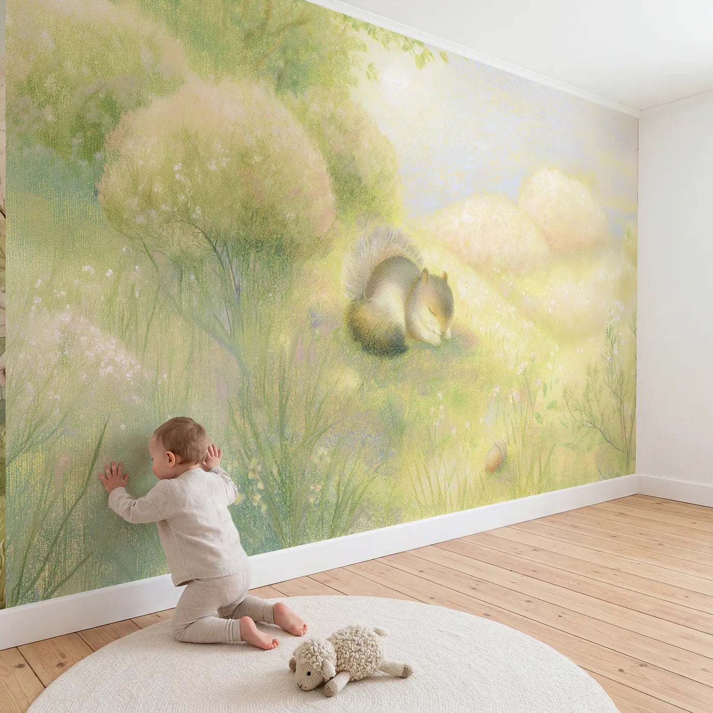 Child in nursery with Sleepy Squirrel Baby Wallpaper Mural by Whimsy Tots