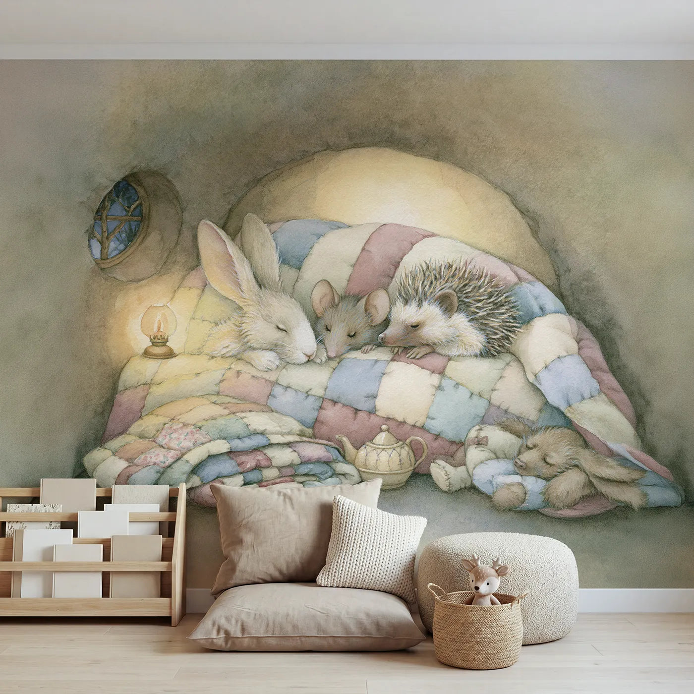 Storybook wall mural of animal friends at goodnight on warm cream by Whimsy Tots