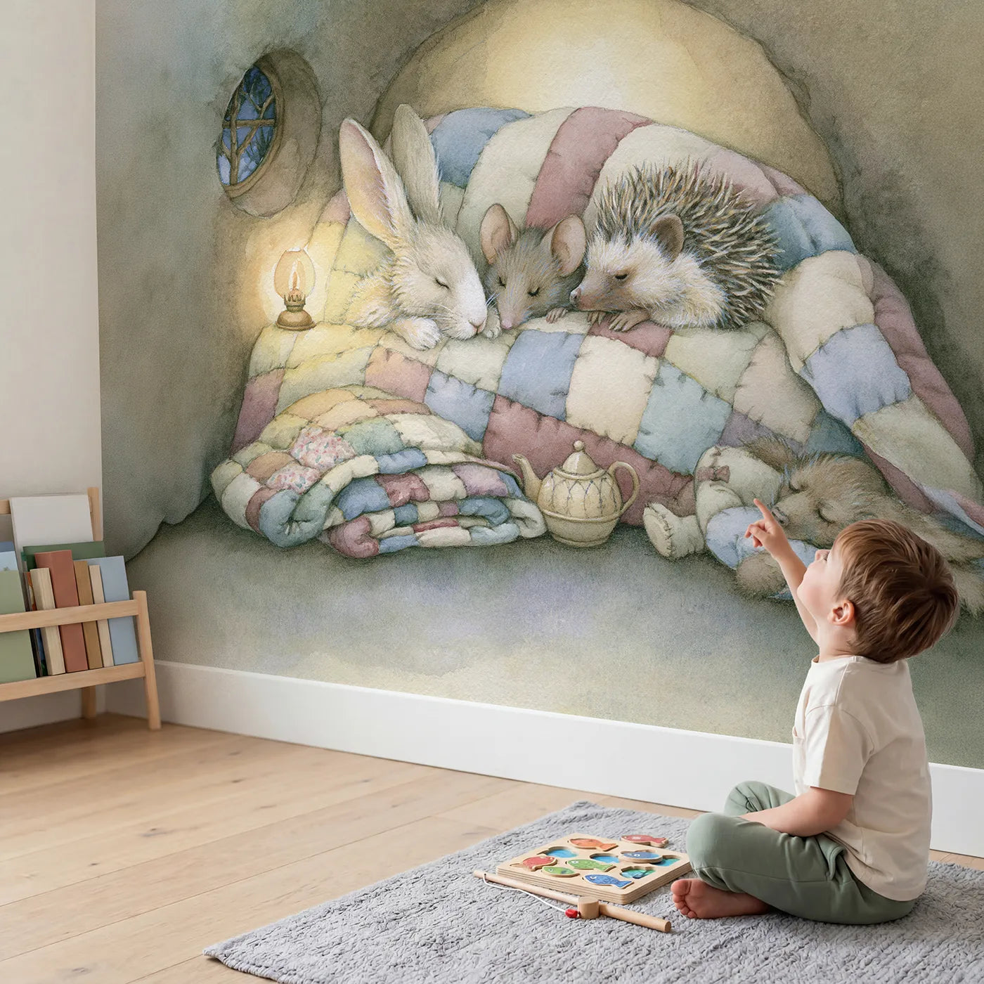 Child in nursery with Goodnight Animal Friends Wallpaper Mural by Whimsy Tots