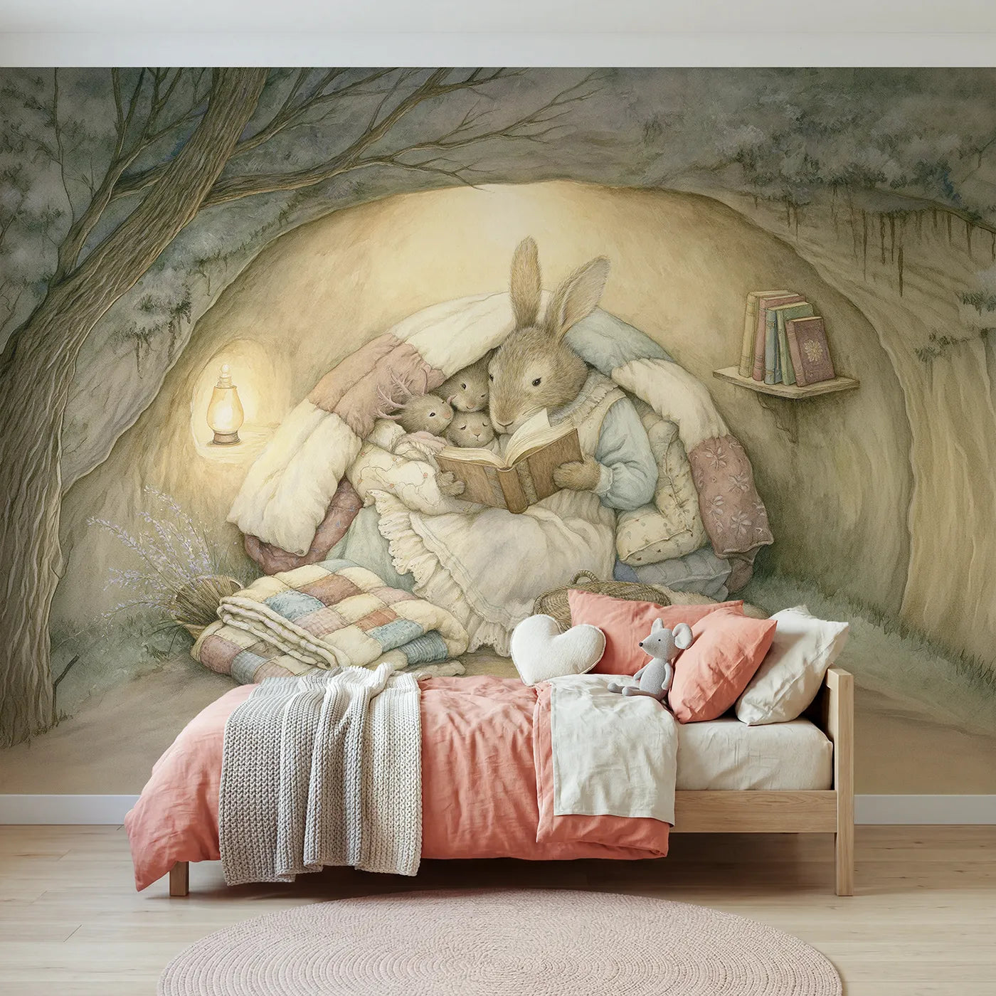 Storybook wall mural of a rabbit bedtime burrow tale on soft blush by Whimsy Tots