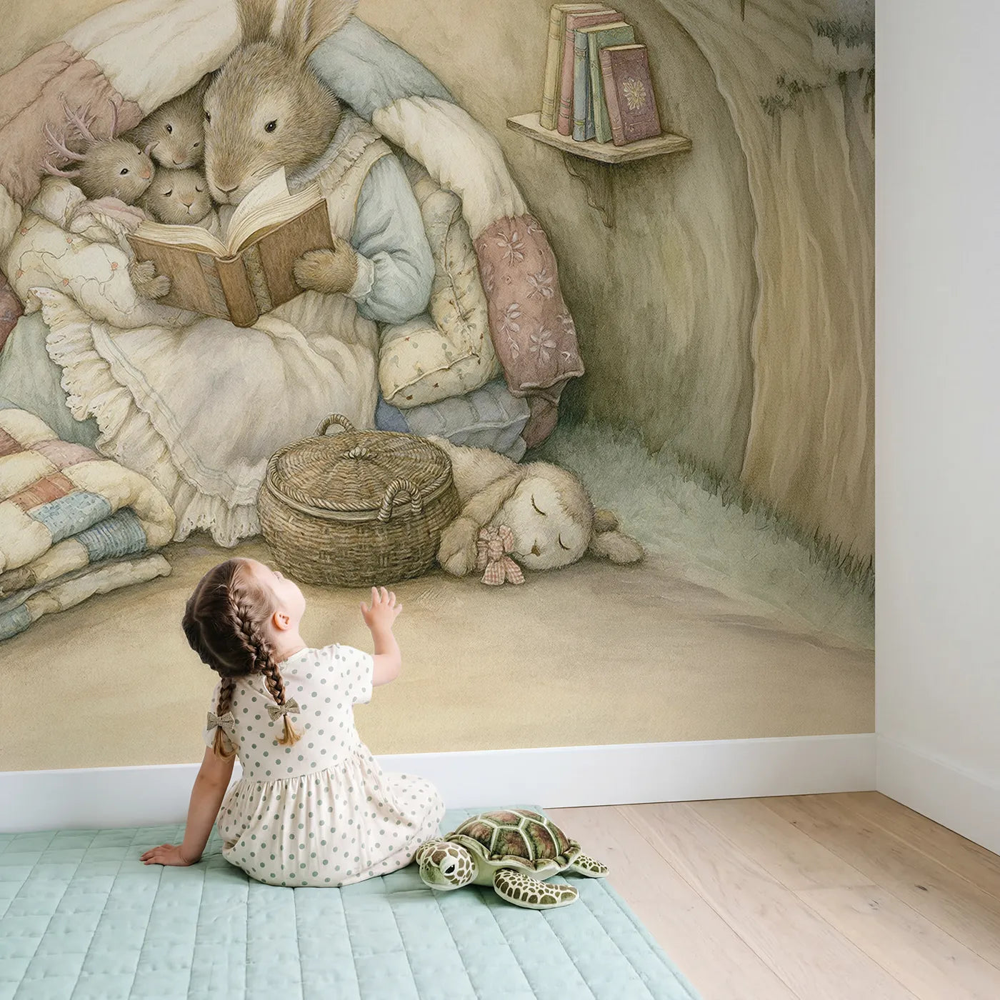 Child in nursery with Bedtime Burrow Tale Wallpaper Mural by Whimsy Tots