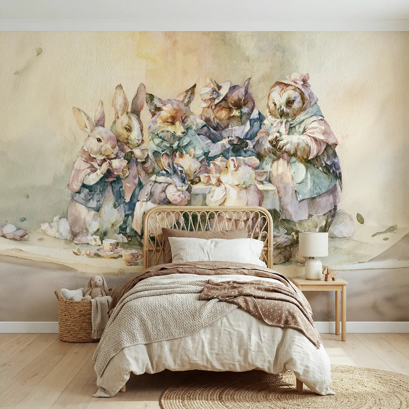 Watercolor wall mural of a storyscape character row on warm cream by Whimsy Tots