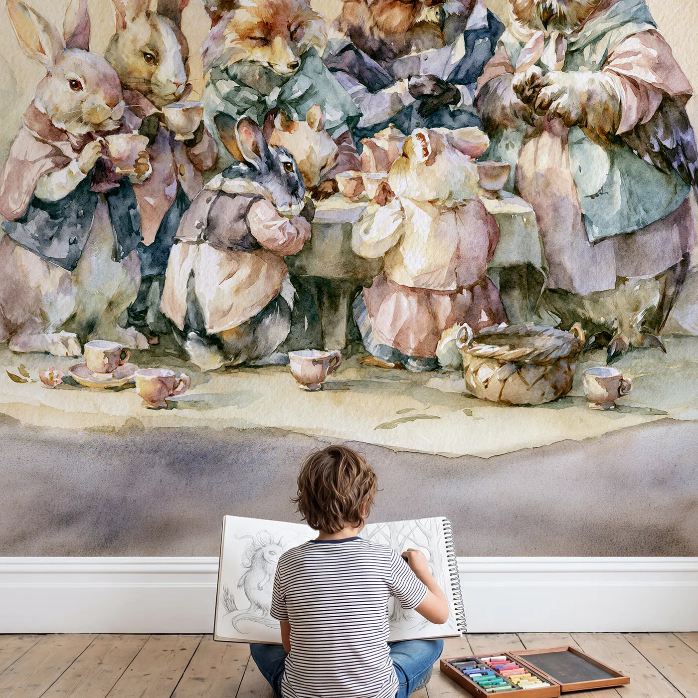 Child in nursery with Animal Friends Tea Party Wallpaper Mural by Whimsy Tots