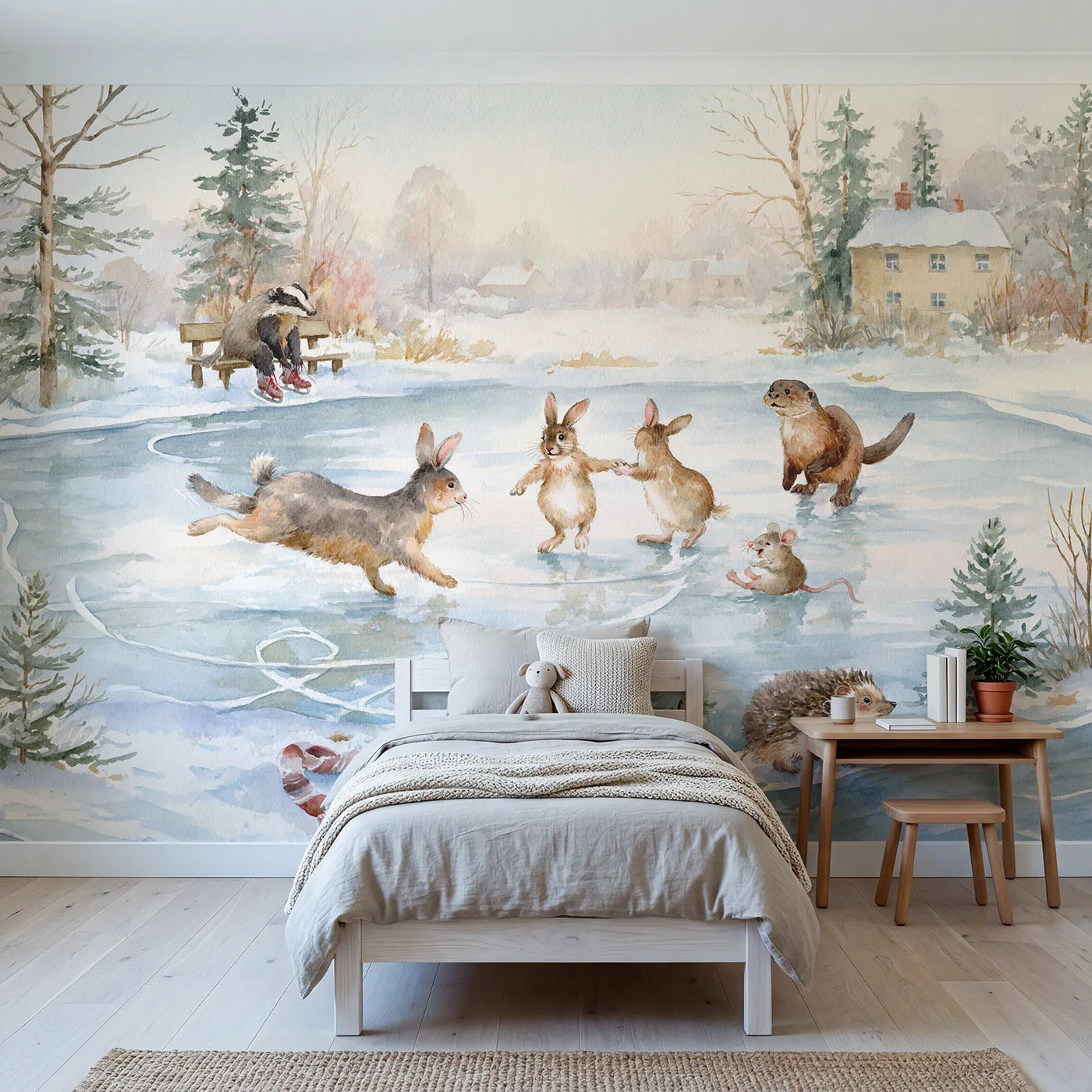Watercolor animals skating on the frozen village pond, mural for a playroom by Whimsy Tots