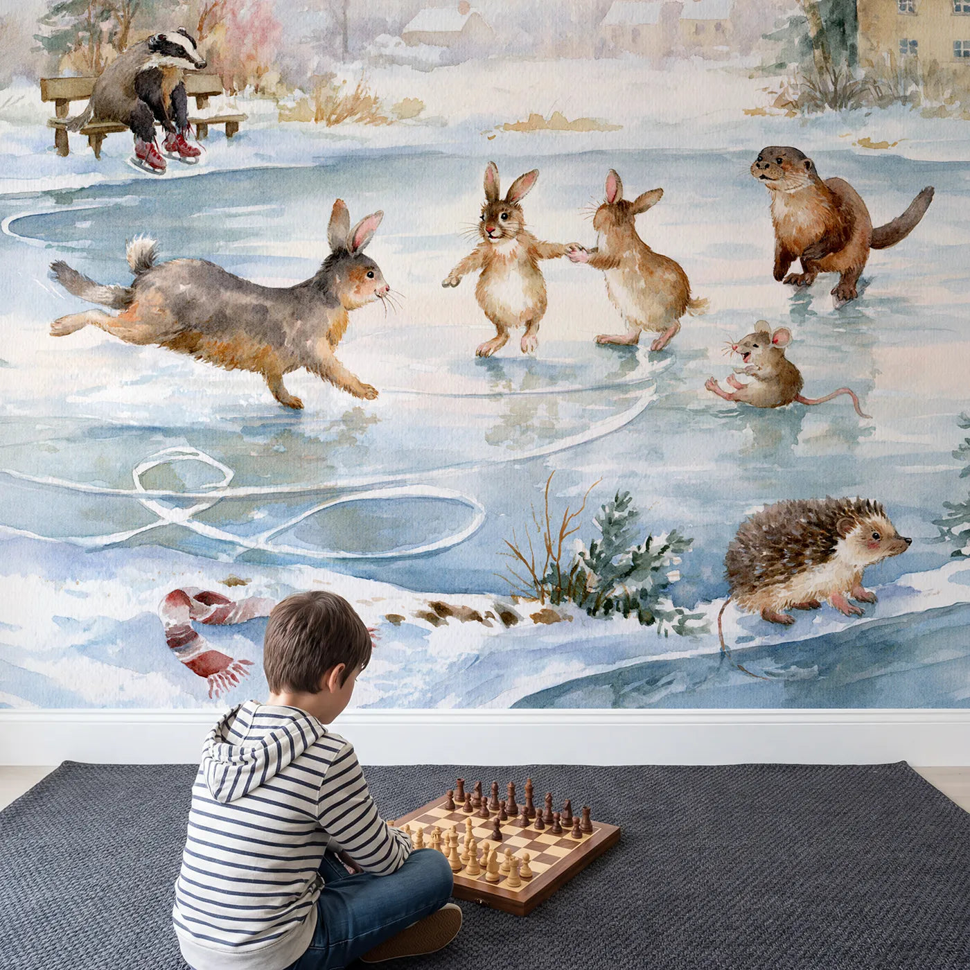 Child in nursery with The Skating Pond Wallpaper Mural by Whimsy Tots
