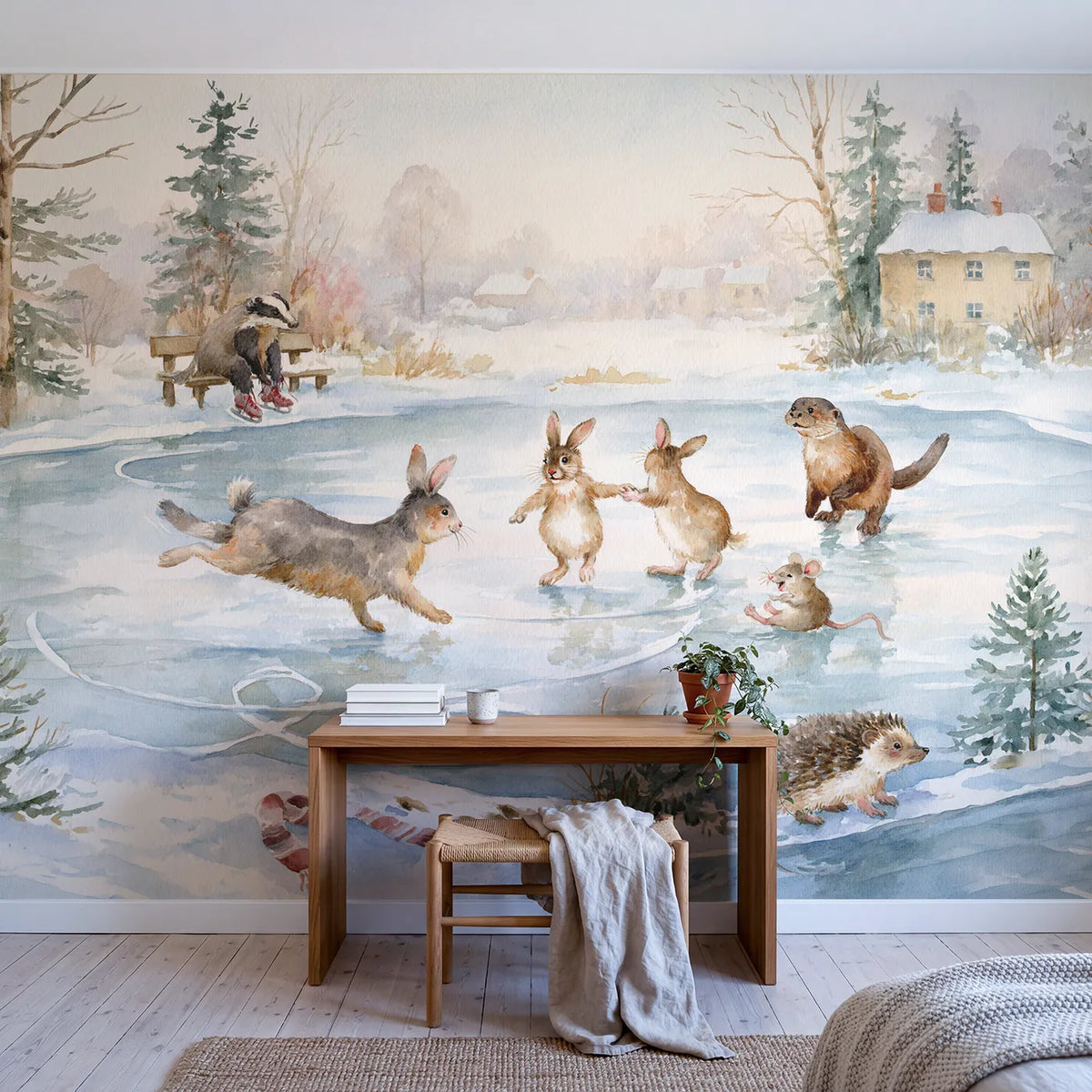 The Skating Pond Wallpaper Mural in playroom setting by Whimsy Tots