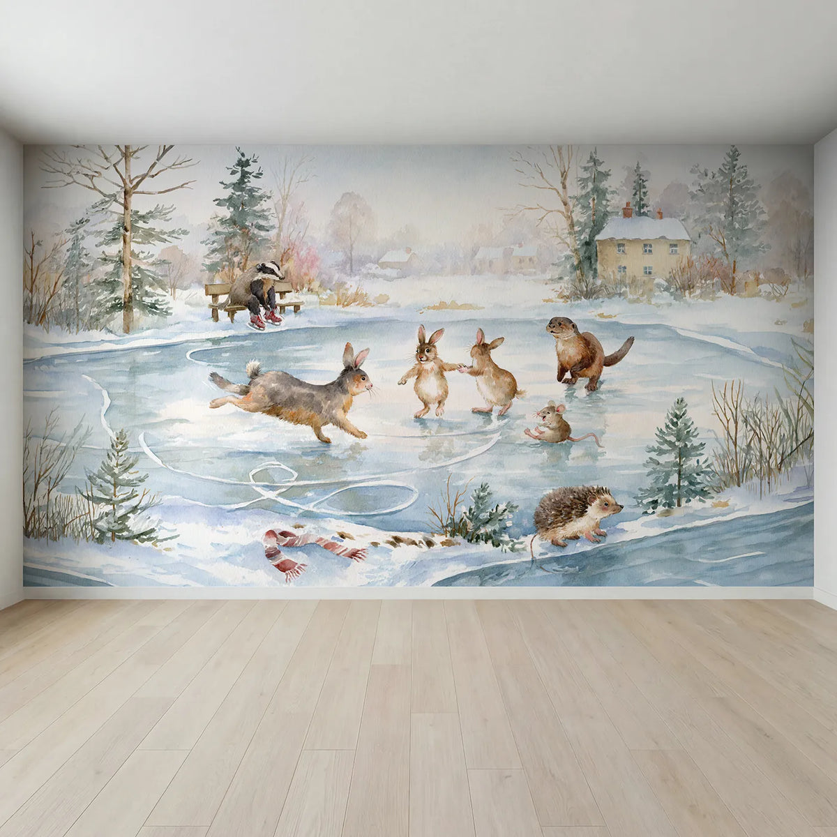 Full view of The Skating Pond Wallpaper Mural by Whimsy Tots
