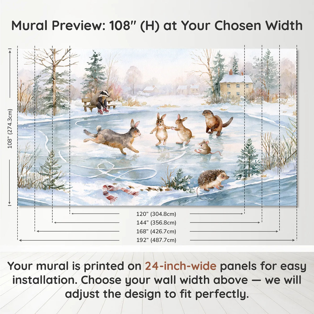 Panel layout and dimensions for The Skating Pond Wallpaper Mural by Whimsy Tots