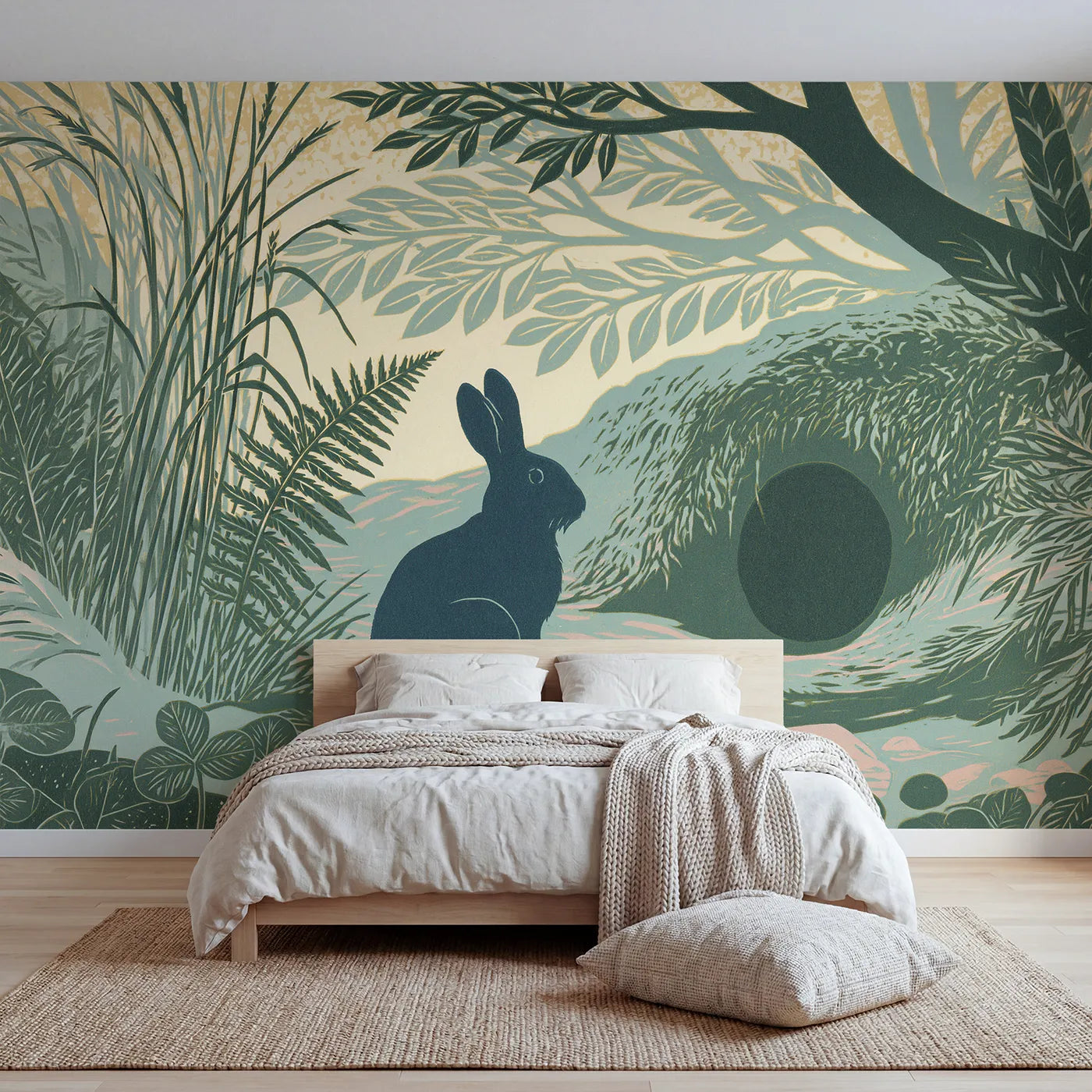 Linocut wall mural of a rabbit and burrow in sage and honey by Whimsy Tots