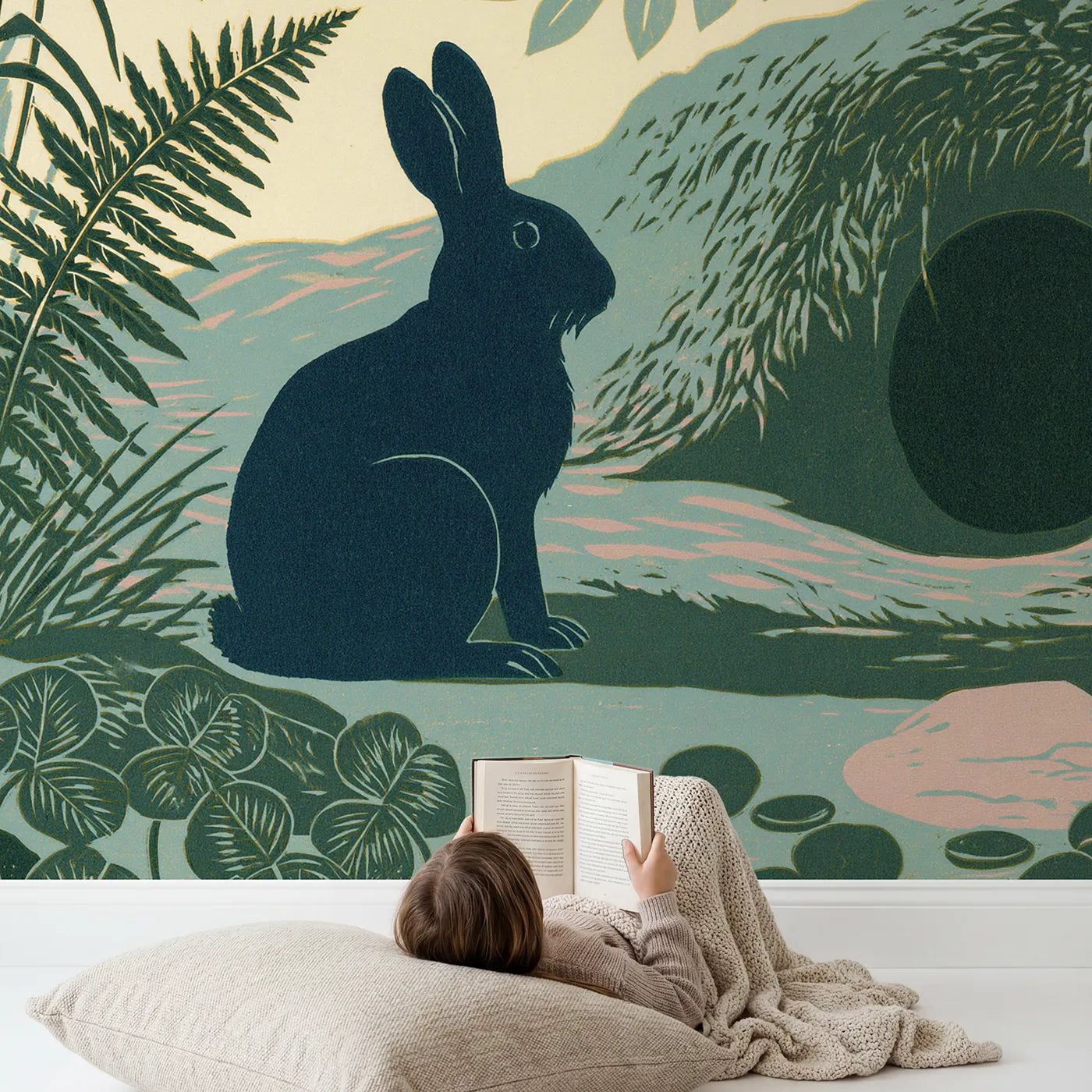 Child in nursery with Rabbit Burrow Silhouette Wallpaper Mural by Whimsy Tots