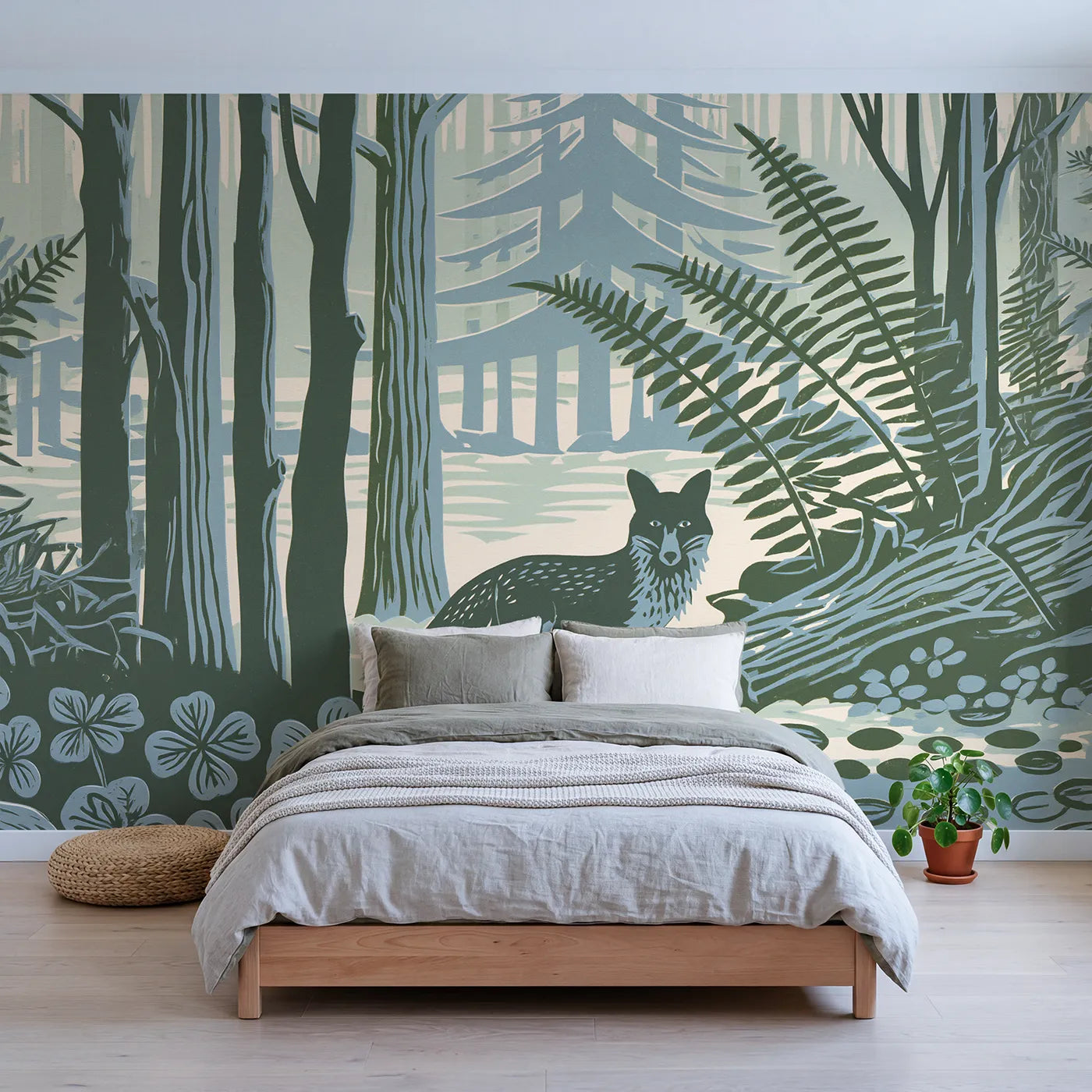 Linocut wall mural of a fox among trees in sage and cream by Whimsy Tots