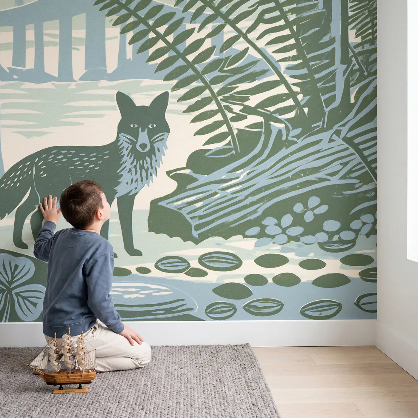 Child in nursery with Fox Woodland Silhouette Wallpaper Mural by Whimsy Tots