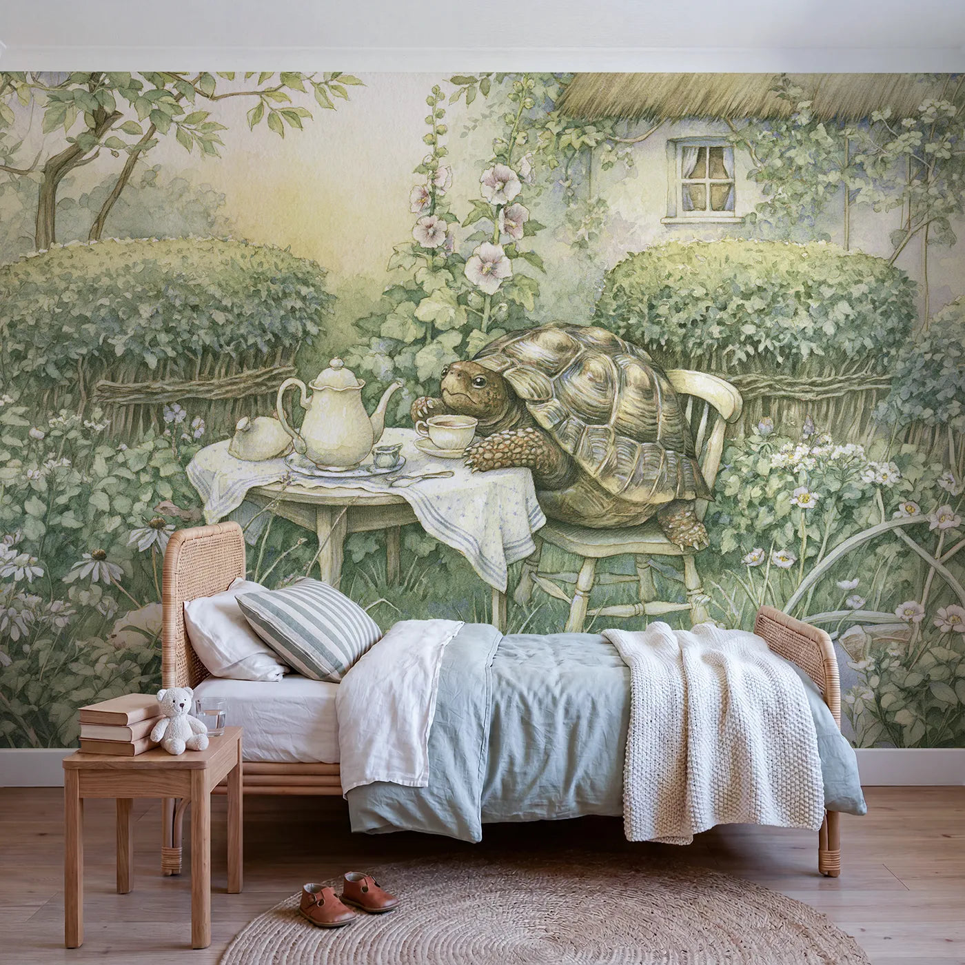 Storybook wall mural of a tortoise garden tea on warm cream by Whimsy Tots