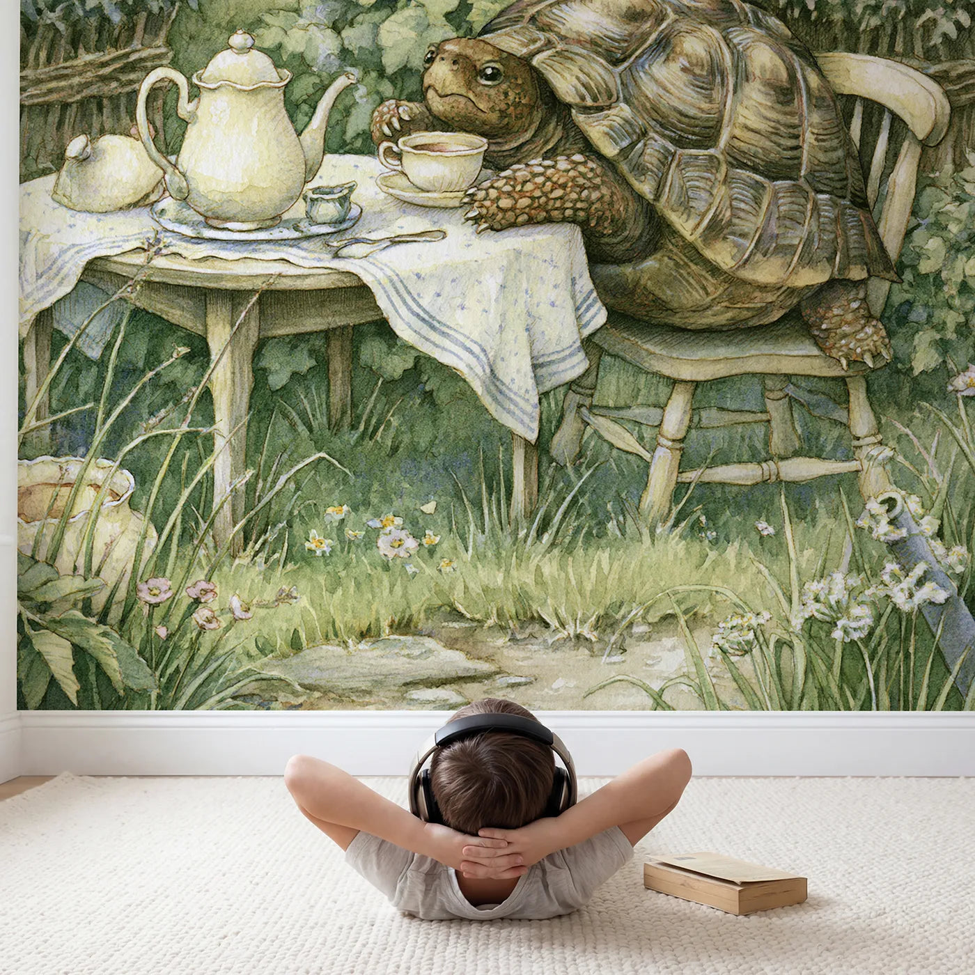 Child in nursery with Tortoise Garden Tea Wallpaper Mural by Whimsy Tots