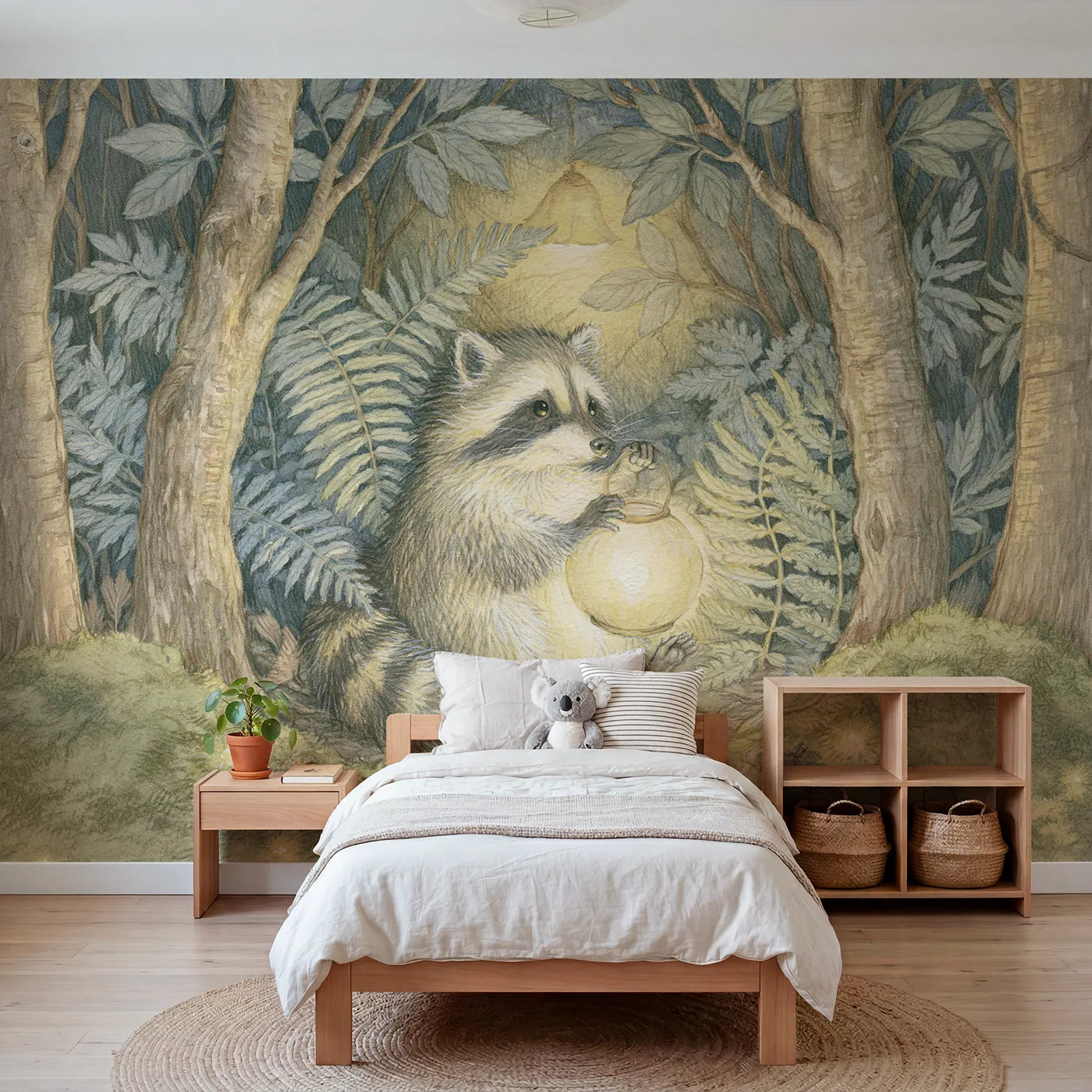 Storybook wall mural of a raccoon lantern evening on warm cream by Whimsy Tots