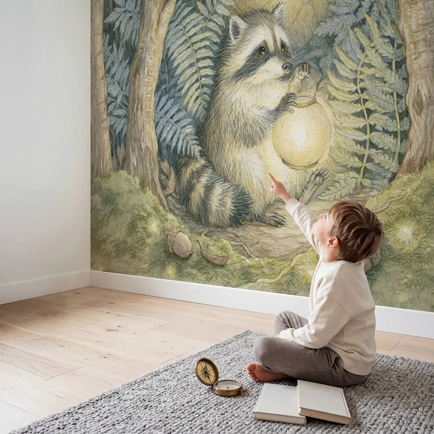 Child in nursery with Raccoon Lantern Evening Wallpaper Mural by Whimsy Tots