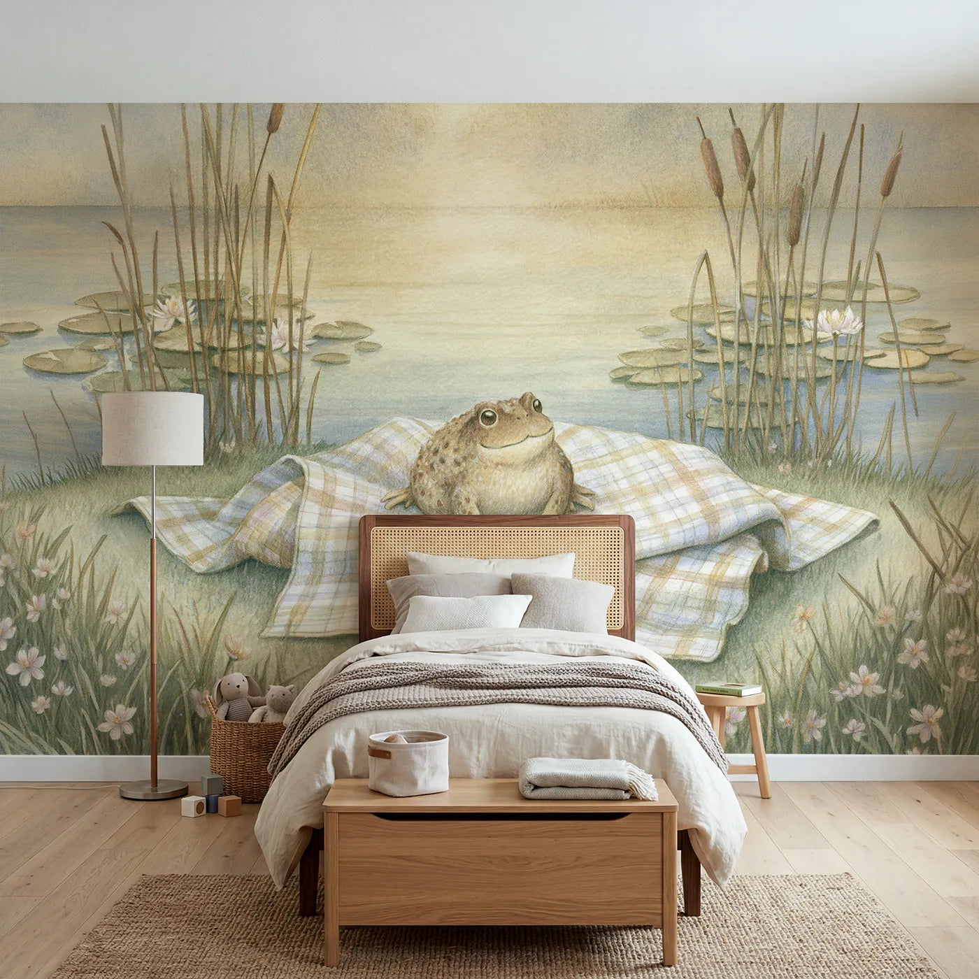 Storybook wall mural of a toad garden picnic on warm cream by Whimsy Tots