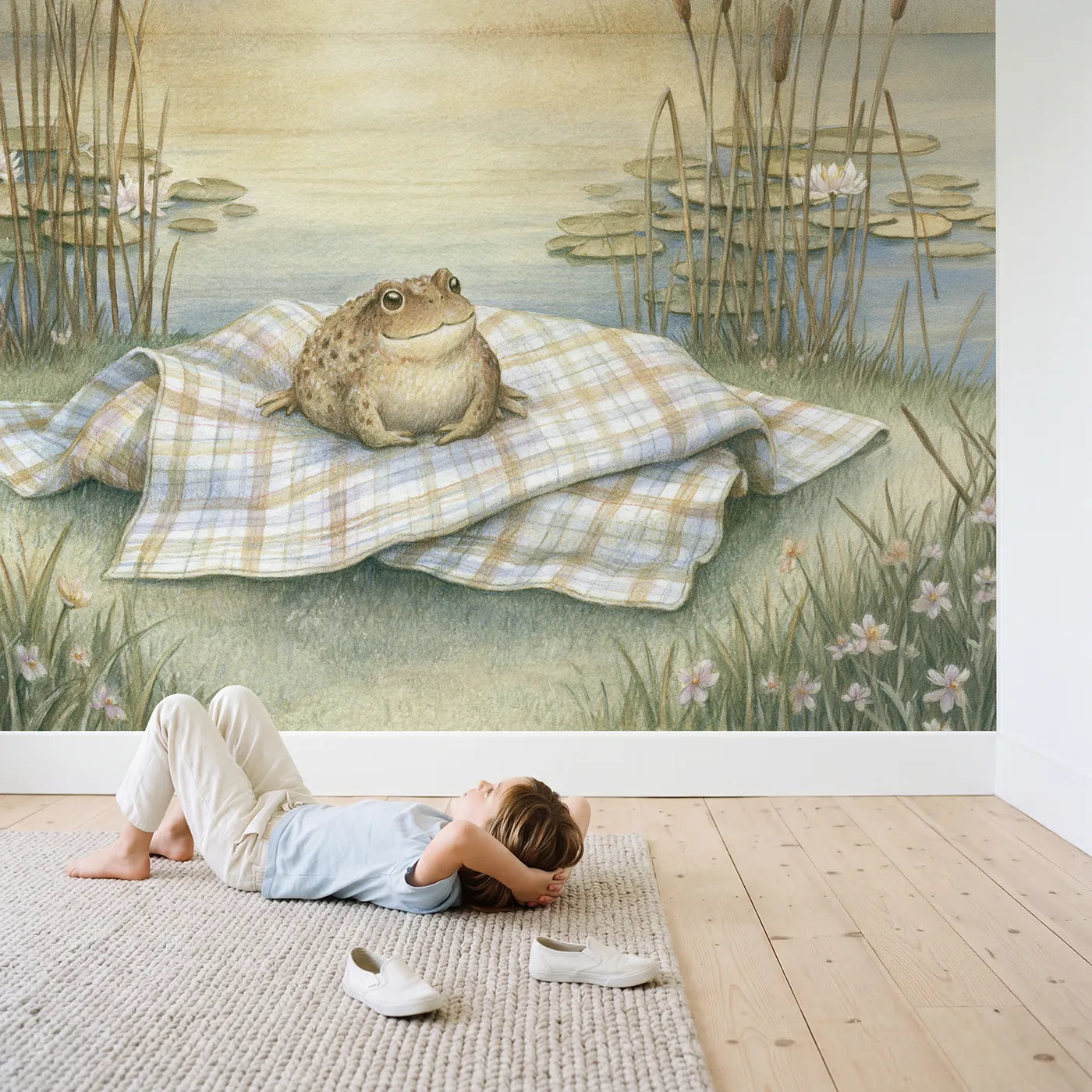 Child in nursery with Toad Garden Picnic Wallpaper Mural by Whimsy Tots