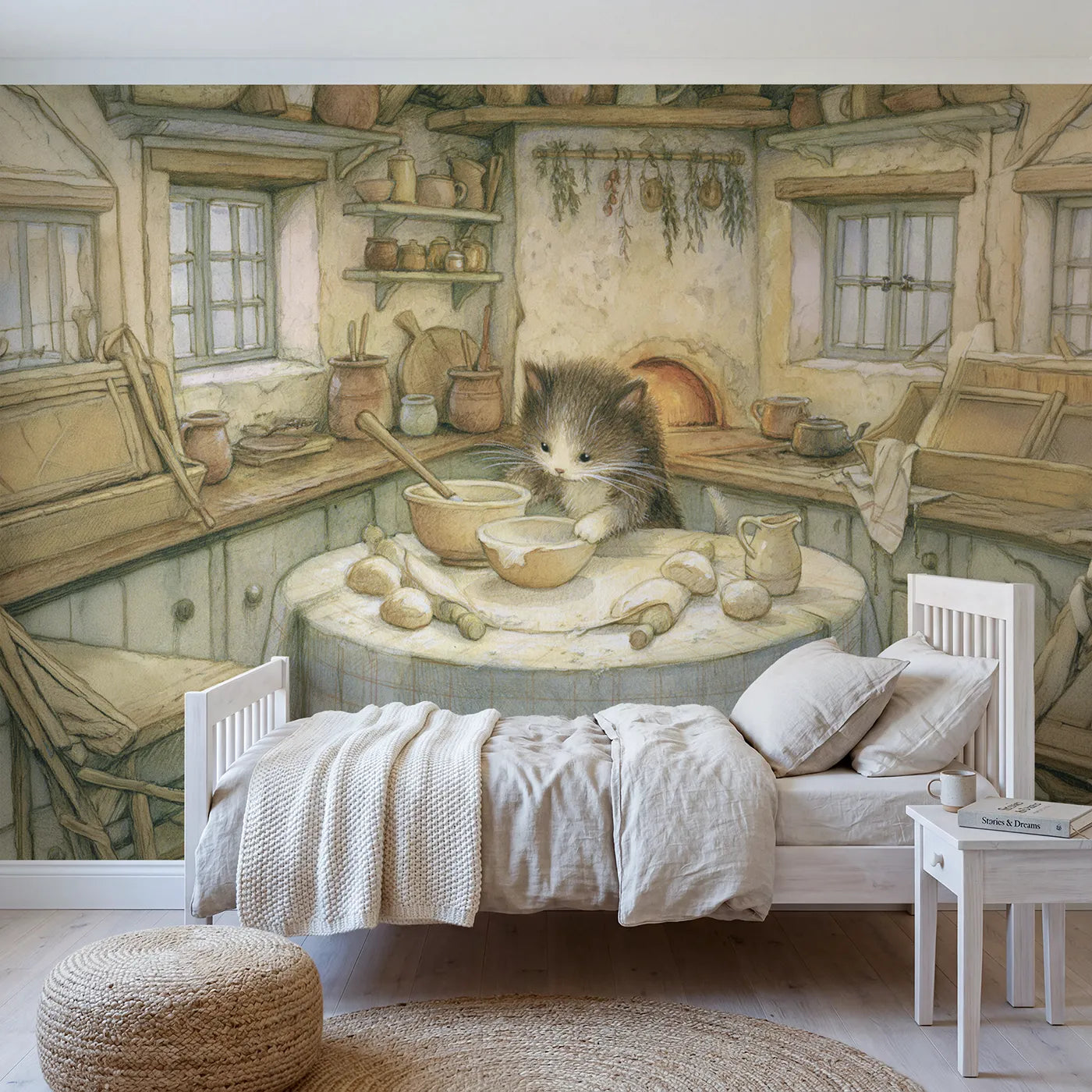 Storybook wall mural of a cat cottage kitchen on warm cream by Whimsy Tots