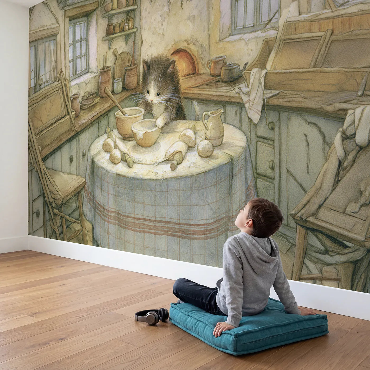 Child in nursery with Cat Cottage Kitchen Wallpaper Mural by Whimsy Tots