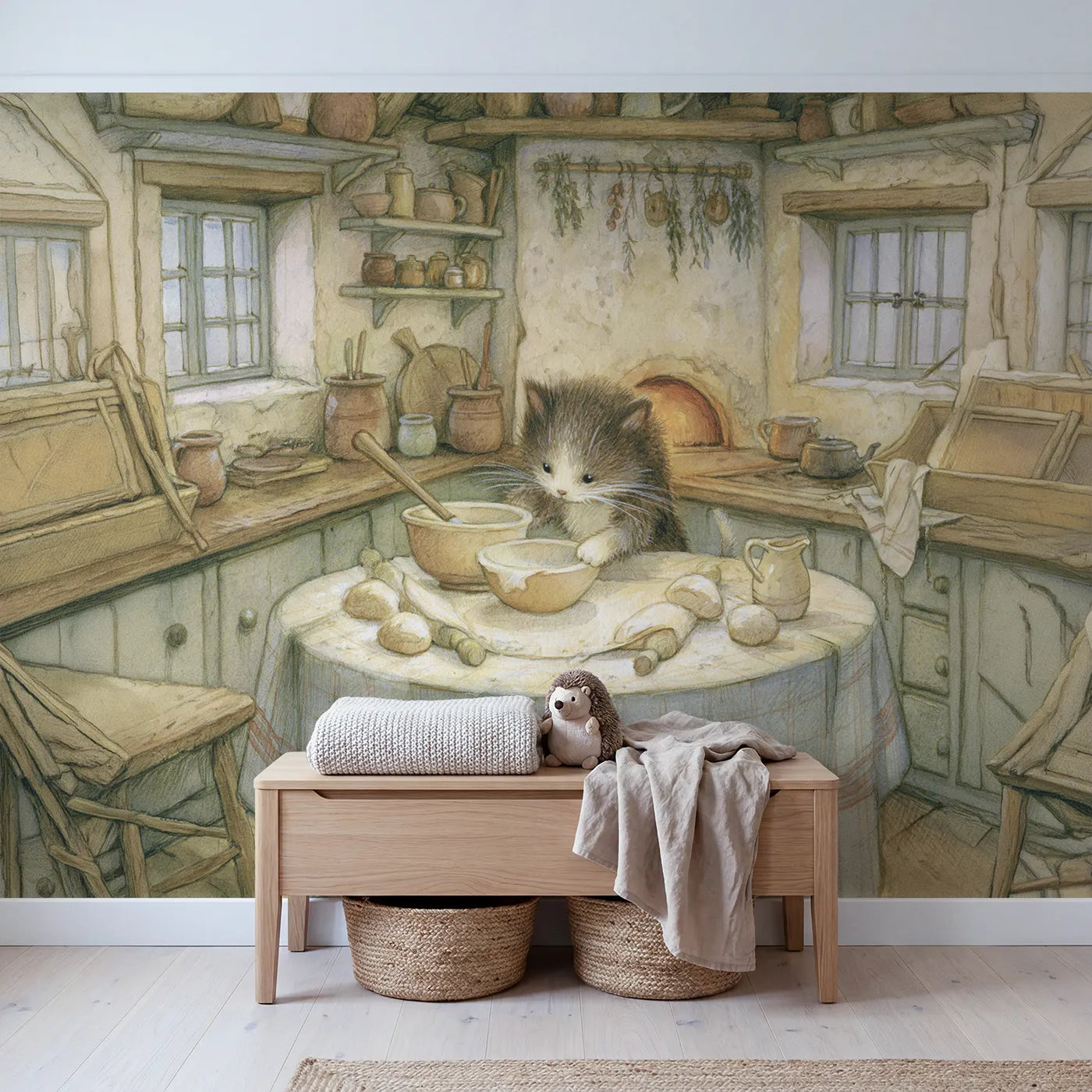 Cat Cottage Kitchen Wallpaper Mural in playroom setting by Whimsy Tots