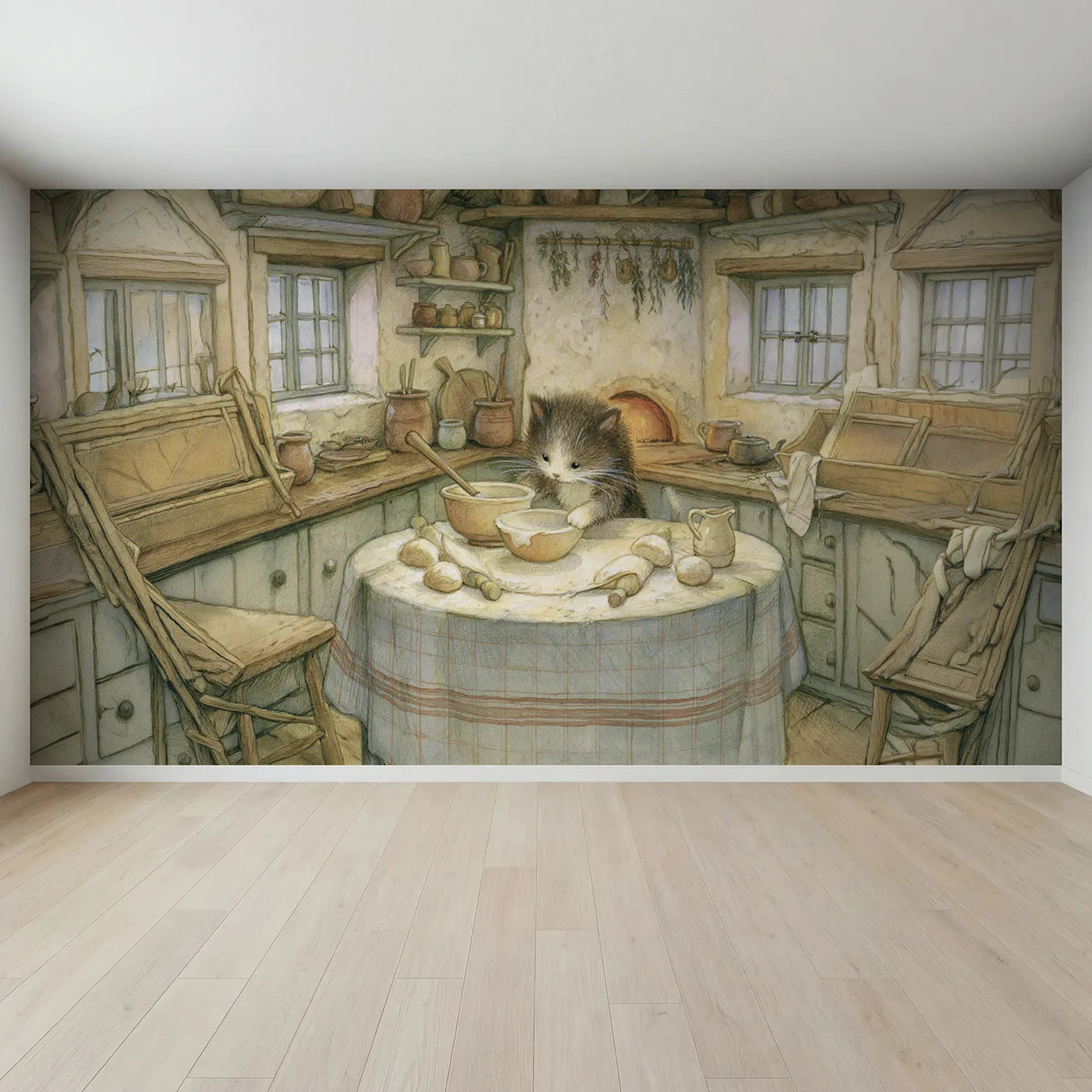 Full view of Cat Cottage Kitchen Wallpaper Mural by Whimsy Tots
