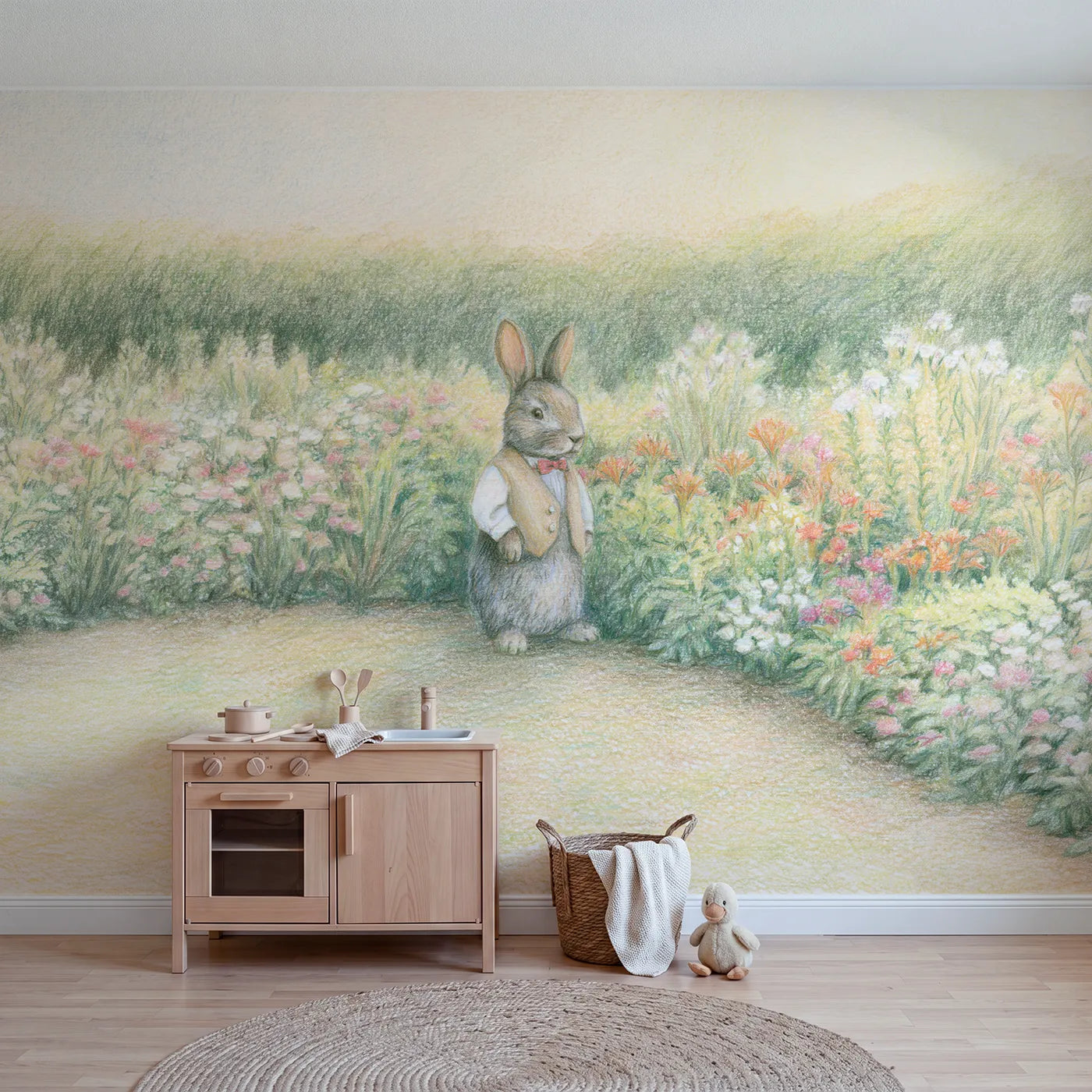 Colored pencil wall mural of a rabbit in a waistcoat on pale sage by Whimsy Tots