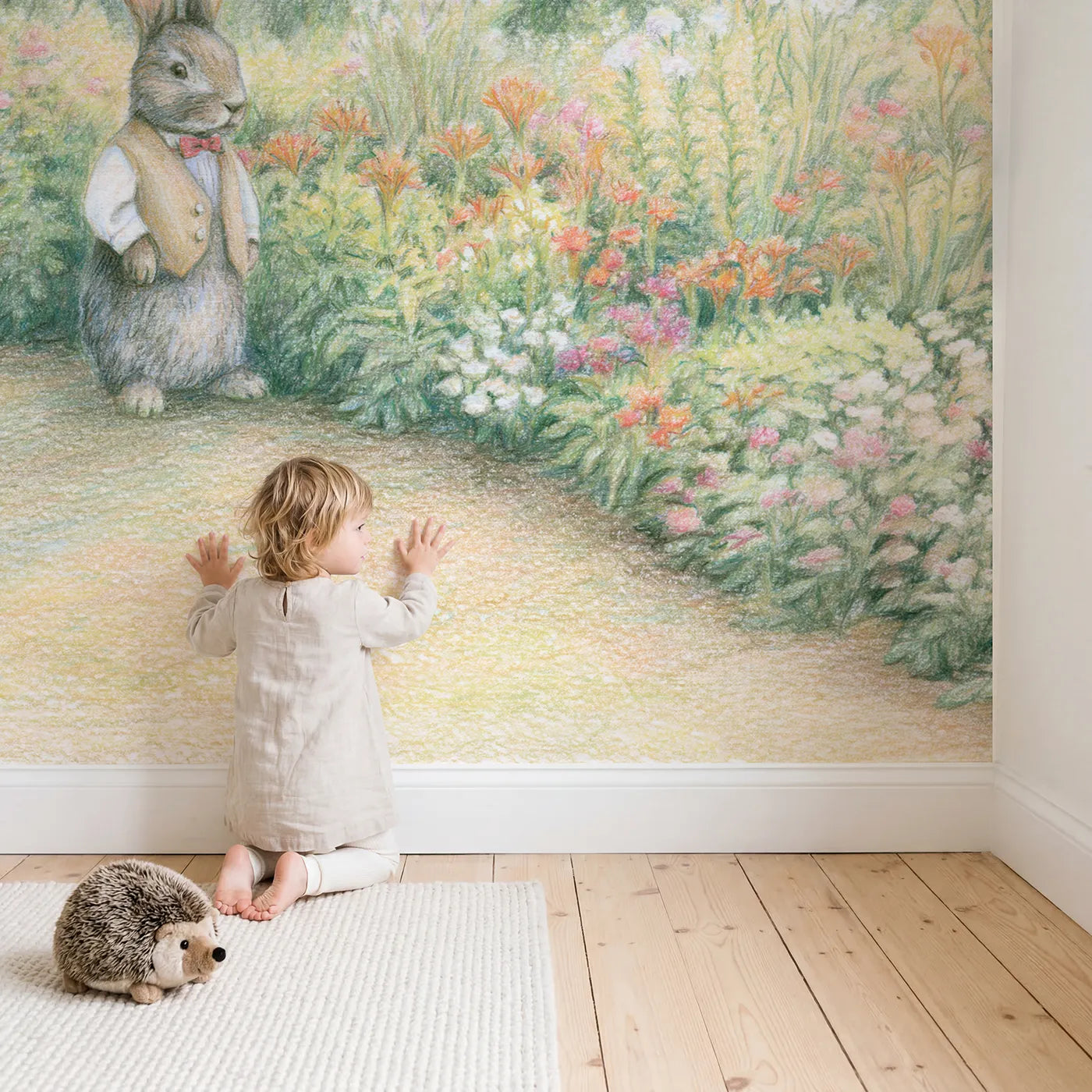 Child in nursery with Rabbit in the Garden Wallpaper Mural by Whimsy Tots