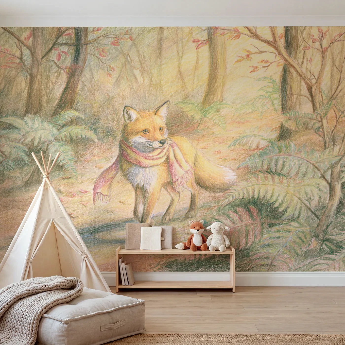 Colored pencil wall mural of a fox in a scarf on a path on pale sage by Whimsy Tots