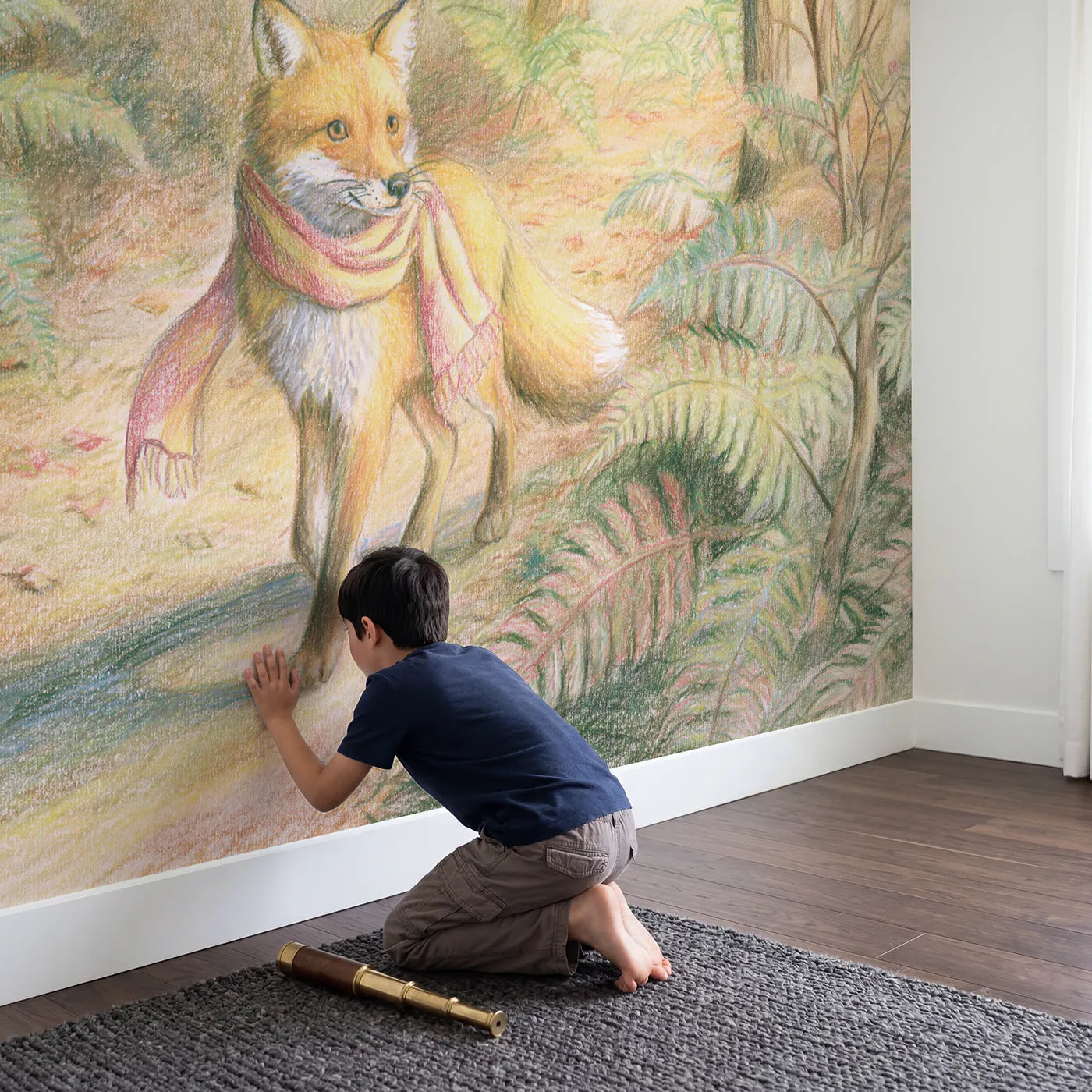 Child in nursery with Fox on the Woodland Path Wallpaper Mural by Whimsy Tots