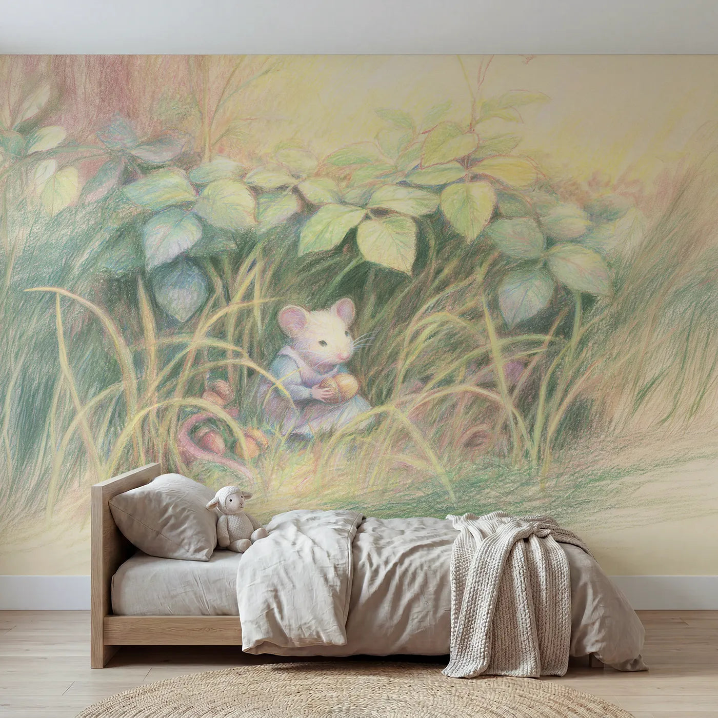 Colored pencil wall mural of a mouse in a dress with an acorn by Whimsy Tots