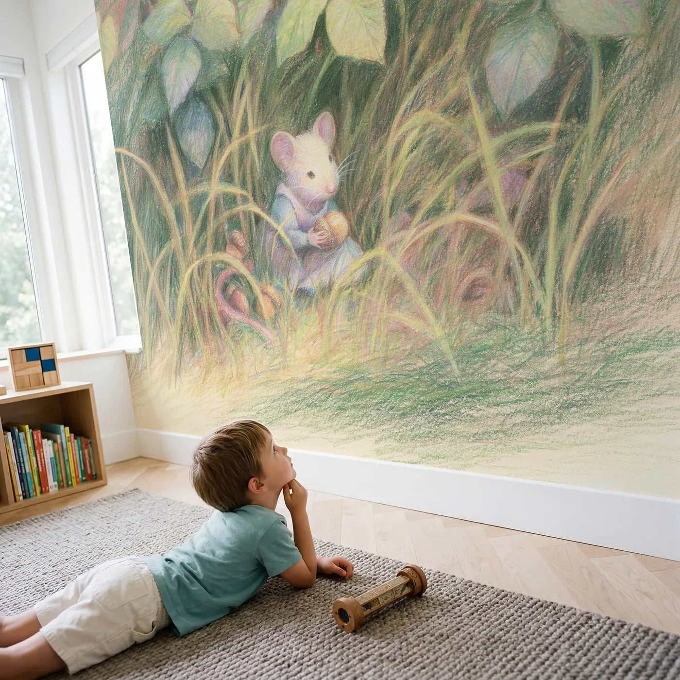 Child in nursery with Little Mouse and Acorn Wallpaper Mural by Whimsy Tots