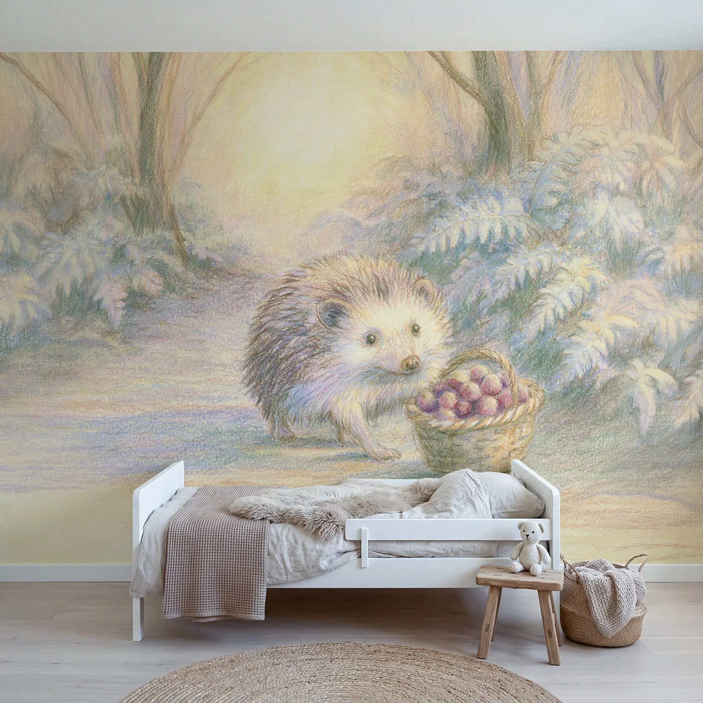 Colored pencil wall mural of a hedgehog with a berry basket on pale sage by Whimsy Tots