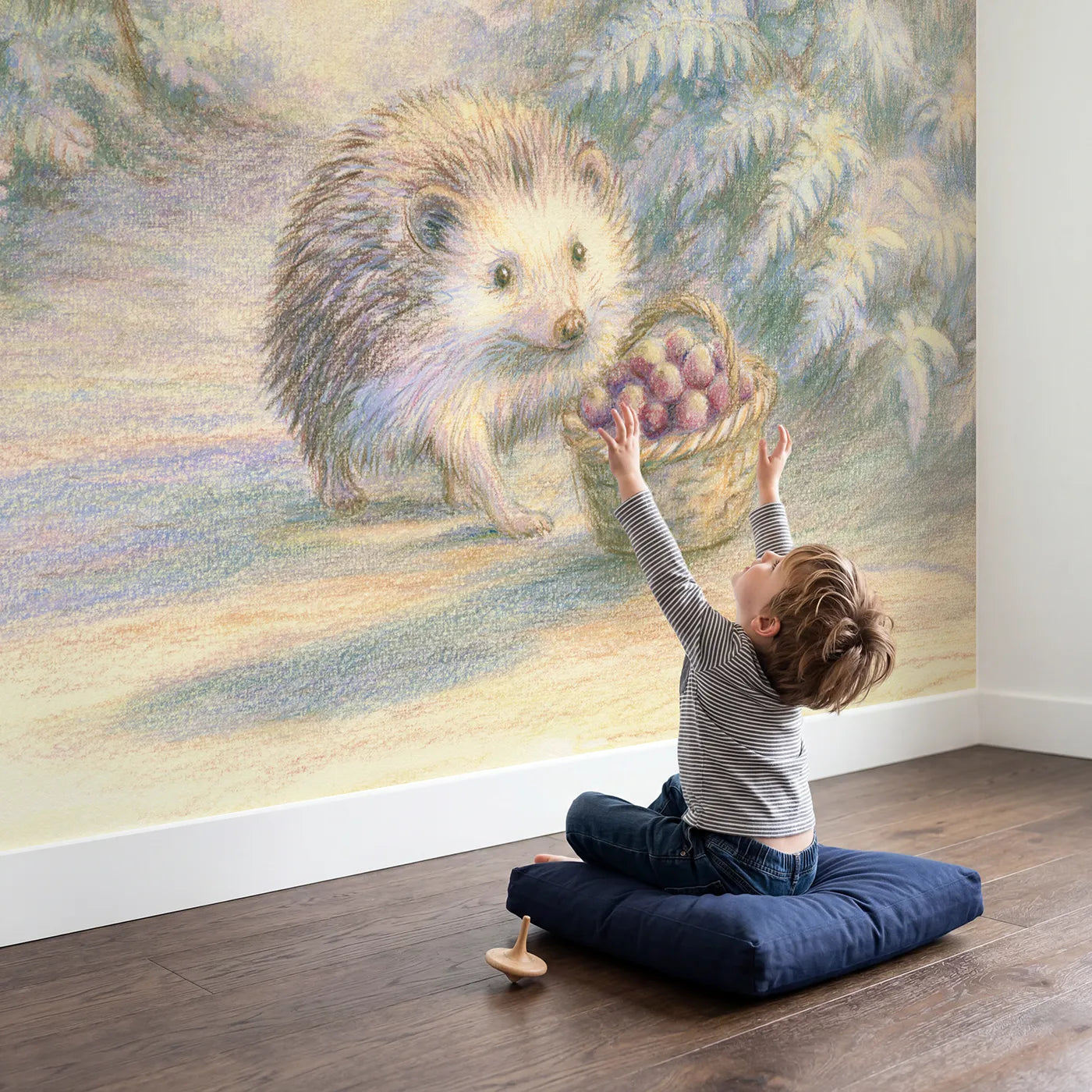 Child in nursery with Hedgehog Berry Basket Wallpaper Mural by Whimsy Tots