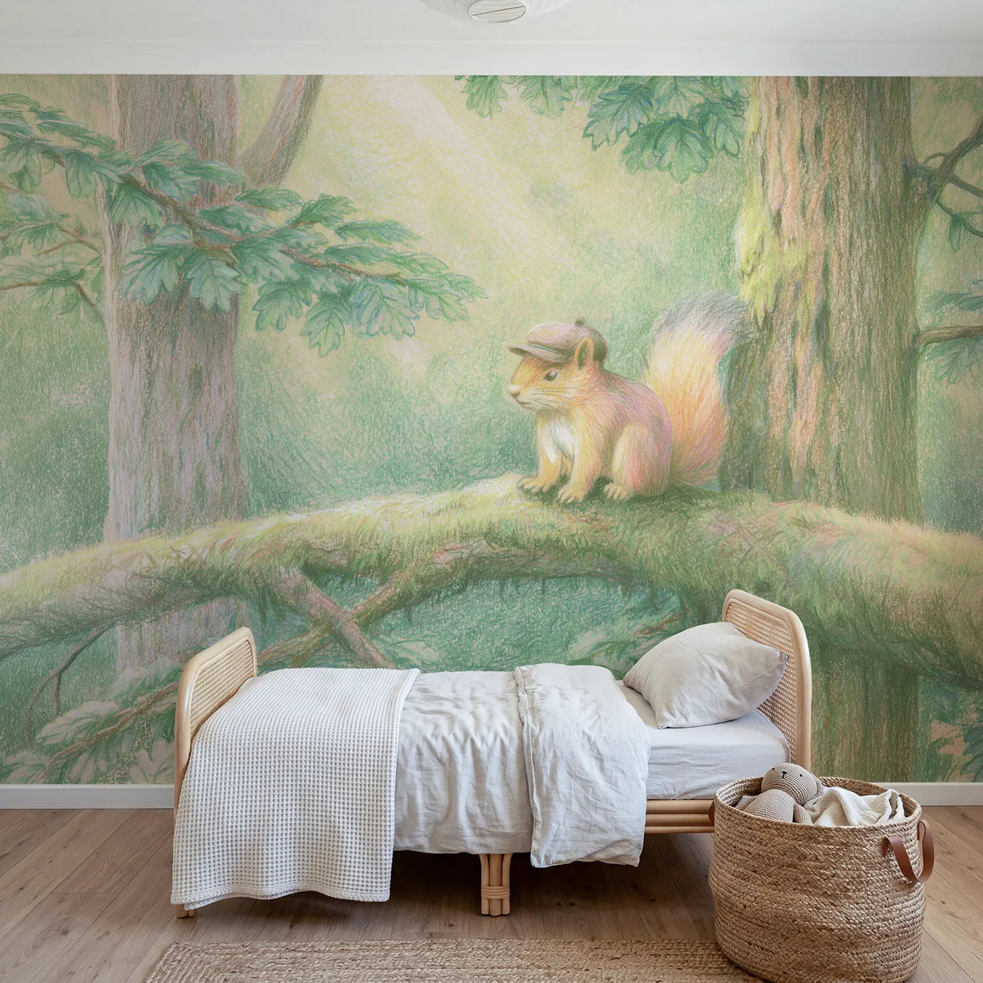 Colored pencil wall mural of a squirrel in a cap on a branch by Whimsy Tots